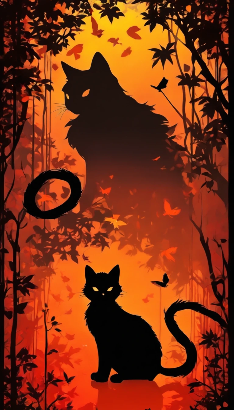 (Silhouette Art,cutouts:1.6) (((Paper cutting art, A world where only black exists:1.3) (Cowboy Shot),1 cat,Solo, (majestic cat silhouette,profile:1.2),white, Clear and uncluttered silhouette of cat break (Colored leaves、amarelo Red:3.1) Textured glass background,