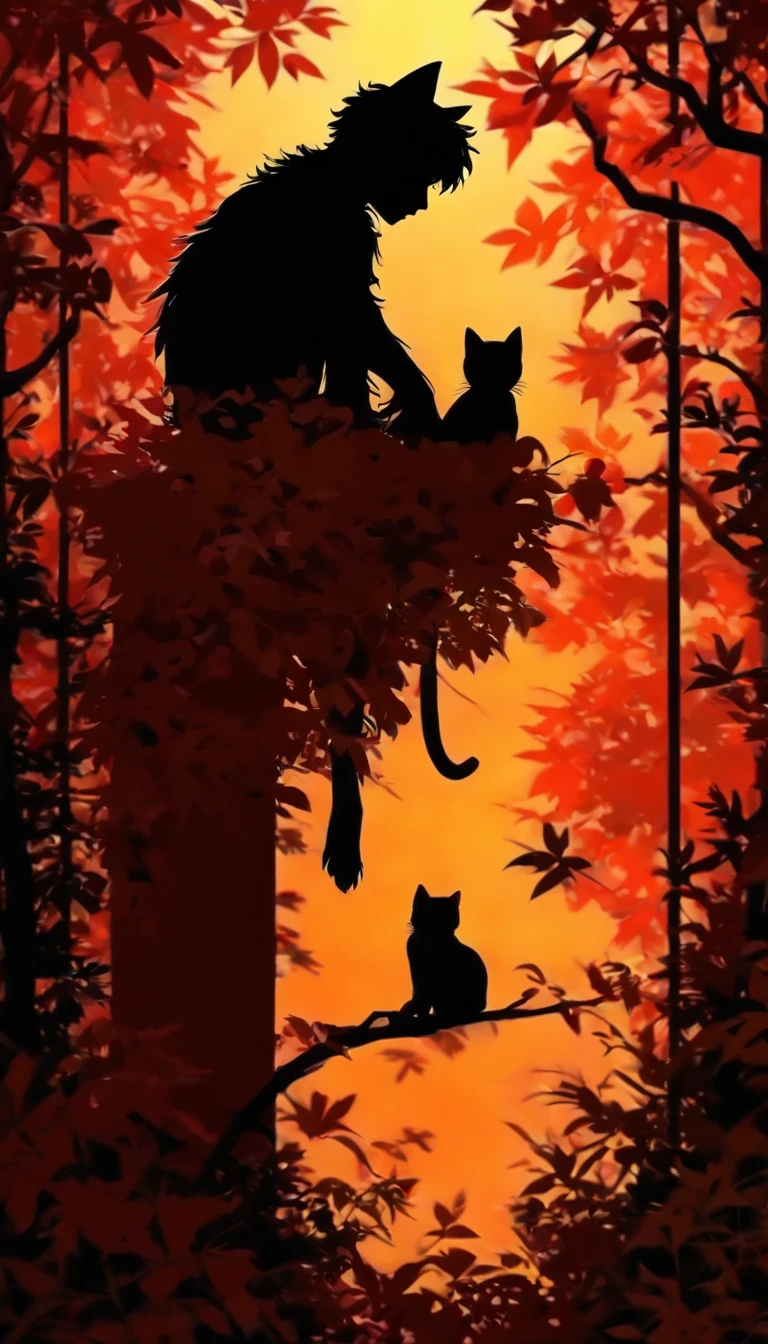 (Silhouette Art,cutouts:1.6) (((Paper cutting art, A world where only black exists:1.3) (Cowboy Shot),1 cat,Solo, (majestic cat silhouette,profile:1.2),white, Clear and uncluttered silhouette of cat break (Colored leaves、amarelo Red:3.1) Textured glass background,