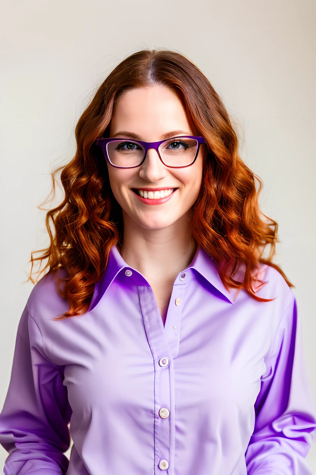 front view, looking at camera, RAW photo,((purple shirt:1.2)), ((portrait)),beautiful red hair 30 years old woman, green eyes, perfecteyes eyes, wearing glasses, big smile, ((white background:1.2)), studio lighting, high quality, film grain, Fujifilm XT3, centralized;;