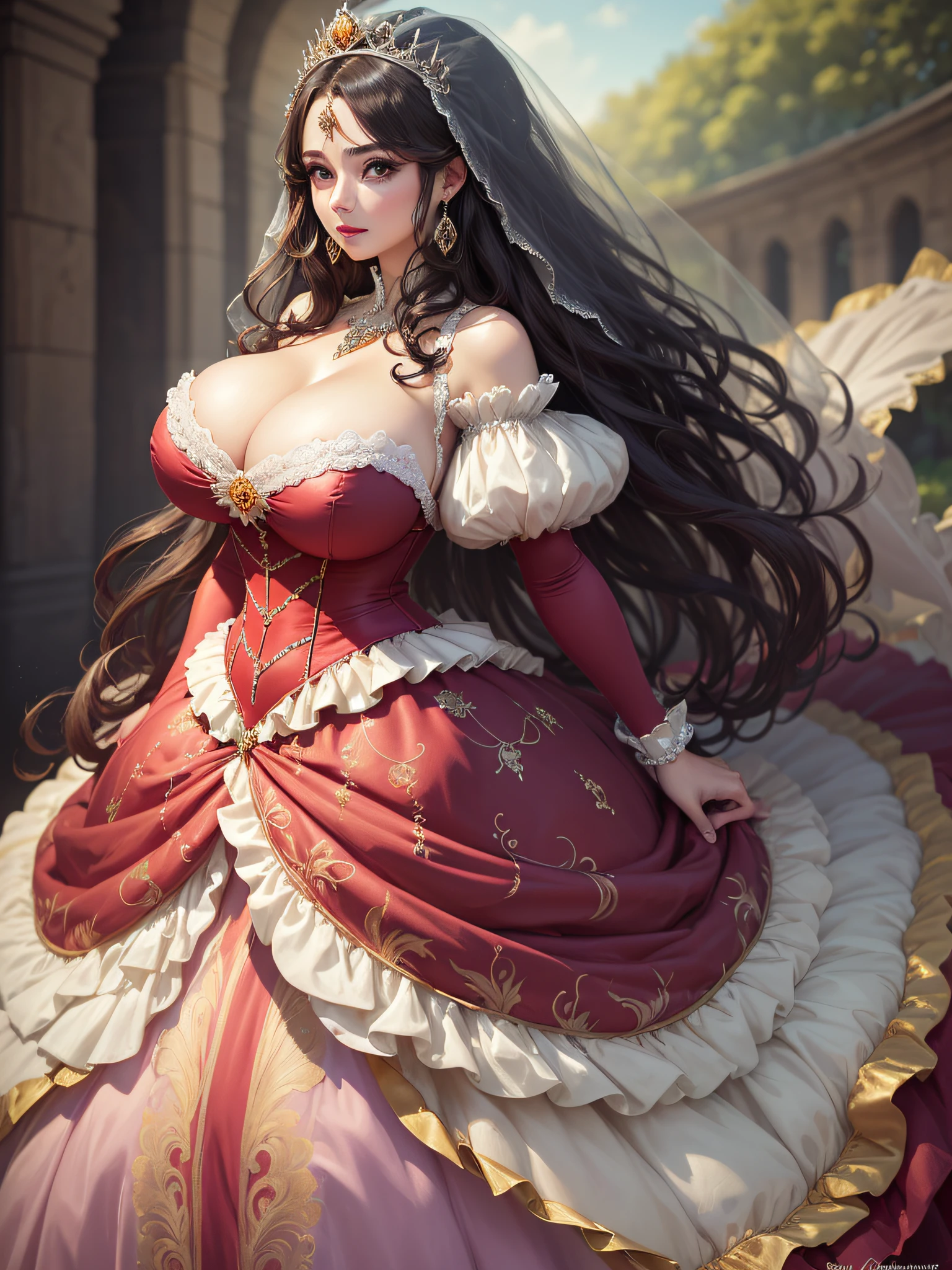 ((anime artstyle)),(Masterpiece),(Best Quality), (Super Detail),((Very Delicate and Beautiful)),cinematic lighting,1 lady,((full body portrait)),((standing in garden)),((solo)),(((1 bling-bling princess in bling-bling jeweled extremely gorgeous princess rococo ballgown with voluminous full length hoop skirt))),an hourglass waist,padded and corseted bodice,(((huge crinoline hoopskirt))),long train,voluminous frills,See-through,(gorgeous embroidery and beautiful lace),(((extremely gigantic tits,skindentation))),cleavage,((large amount of straight hair,extremely voluminous Straight long Hair,Very Long Straight Hair)),(finely detailed face and eyes),clear pupil,extremely gorgeousfull hair ornament,(bling-bling jeweled extremely gorgeousfull tiara),(bling-bling gorgeous gemstone jewelry),long veil,(beautiful background),(full body),((bling-bling jeweled extremely gorgeous princess rococo ballgown with voluminous full length hoop skirt))