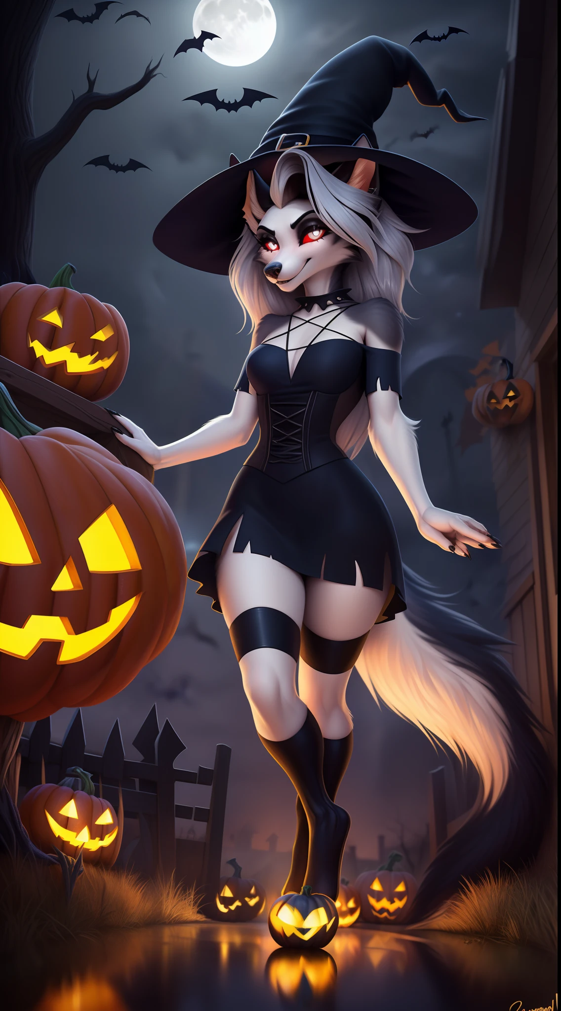 von Personalami, Helluva Boss, Loona Hellhound, Loona, Loona from Helluva Boss, weiblich, (detailliert), Ansicht des Betrachters, flauschig, nur, high resolution, fotorealistisch, niedlich schauend, verlegend schauend, (((witch outfit))), (((glowing halloween pumpkin))), (((at a cemetery))), (((at night))), (((beg full of candy))), ((evil smile)), (((glowing eyes))), (((full moon ))), happy, detailliert, detailliert vaginal, green eyes, ((detaillierte Augen), full-body, weiblich, mager weiblich, looks happy, Blick auf den Betrachter, (detailliert), flauschig, hight resolution, fotorealistisch, detailliertes Fell, ((im Wasser)), ((Schwanz rechts Position)), standing position, (((anatomy correct))), (((anatomoy correct tail))), ((tail correct Position)), five fingers, beautiful, (((masterpiece))), (((best quality))), detailled image, ((reflective lighting)), ((detailed shading)),