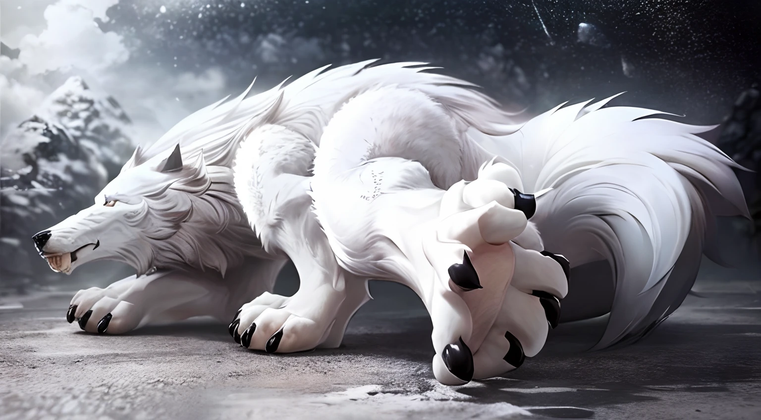 Wolf, furry, white fur, black nails, big feet, feet showing, foot fetish, footjob, the bottom of both feet, gay feet