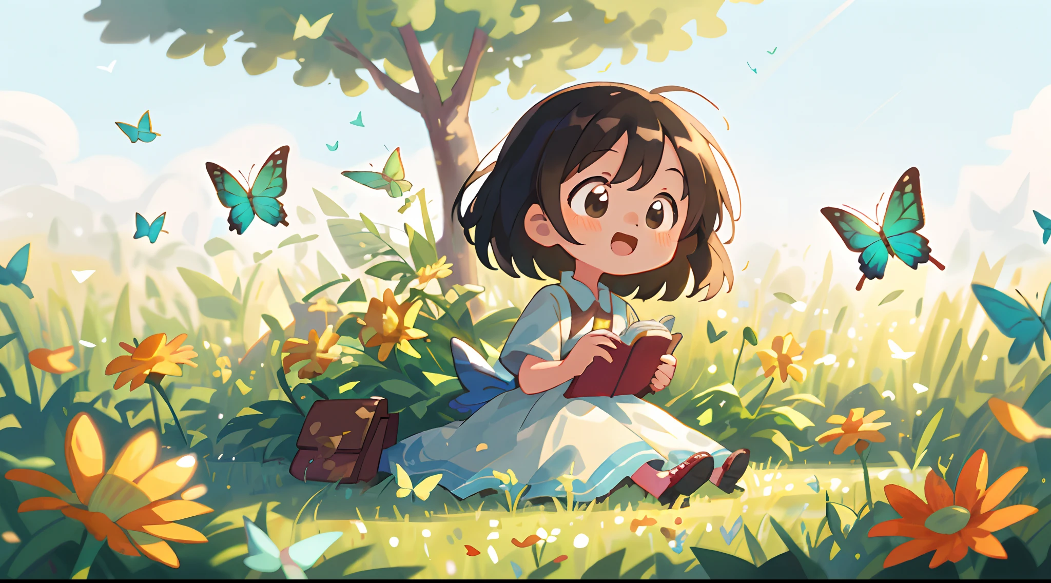High Detail, Ultra Detail, Ultra High Resolution A cute and innocent girl, child, toddler, enjoying her time in the open field, surrounded by the beauty of nature, warm sun sprinkling on her, wildflowers gently swaying in the breeze. Butterflies and birds flutter around her, adding to the playful atmosphere , --v6