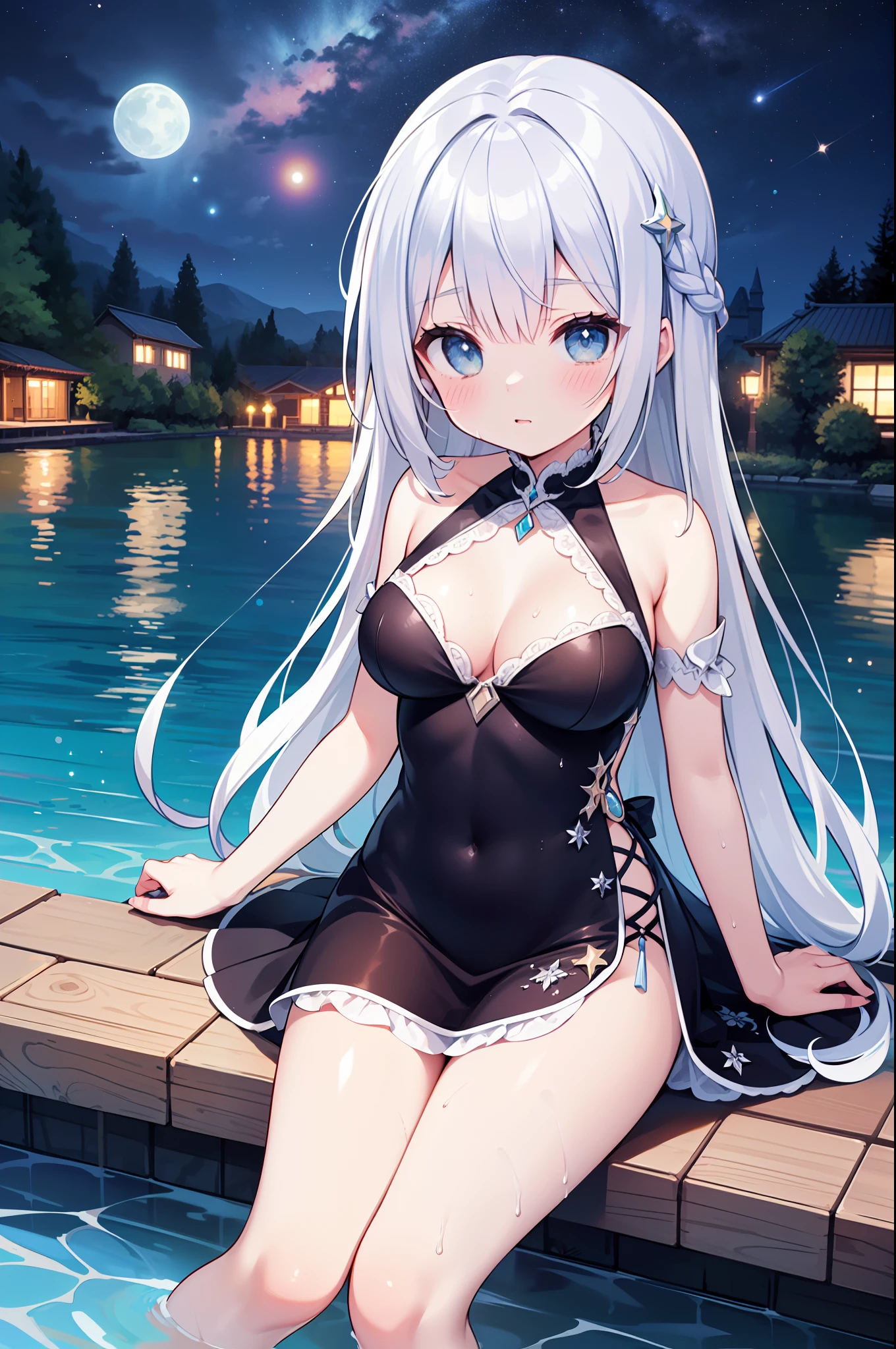 (top-quality)、((ultra-detailliert))、(Super delicate)、 Goddess Bathing、silber hair、Crims、Silver thread dress、Shoulders exposed、Large breasts、Lake at night、starrysky、Wet and see-through、mystical、Deities々Right