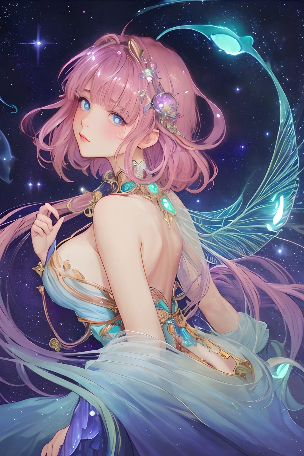 (high-detail:1.2)、(top-quality:1.2)、(8K:1.2)、foco nítido、(Sub-surface scattering:1.1)、award - winning photo
(glowing bioluminescent forest:1.2)、adorable chibi fairy、Clear blue eyes、Moles under the eyes、Plump and glossy lips、Pink hair color、Keernan Shipka Mackenzie Foy、barbara palvin、Rainbow Fairy Wings
(highly detailed back ground:1.2)、(magical fantasy:1.0)、(knollingcase:1.1)、(dreamlikeart:1.1)、Dramatic Lighting、Greg Lutkowski Alphonse Mucha Ropp