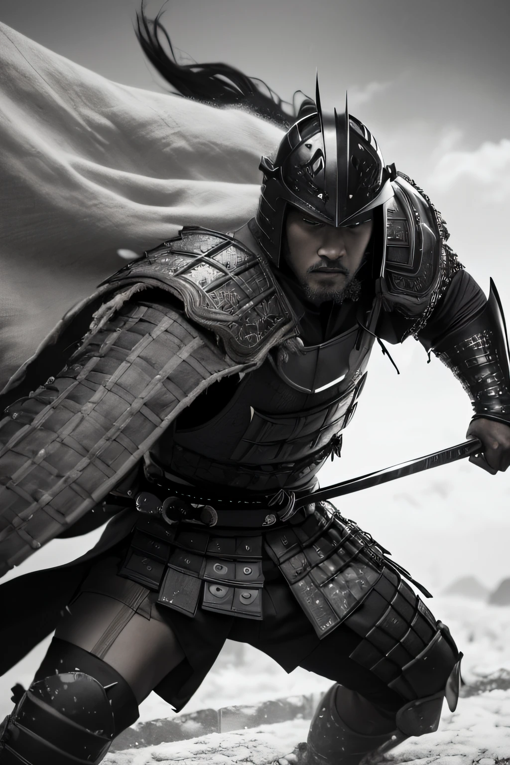 (best quality,4k,8k,highres,masterpiece:1.2),ultra-detailed,realistic,black man,samurai,sharp focus,warrior,ancient,armor, katana,brave expression, intense eyes, muscular build,fierce combat stance,detailed armor,emblem on armor, intricate sword hilt, flowing cape, dramatic lighting, dynamic pose, action scene, heavy footsteps, Japanese culture, honor, bravery, stoic expression,black and white,contrasting shadows,gleaming sword, intense battle, strength, power, focus, determination, noble, samurai code, distant mountains, sakura trees, falling petals