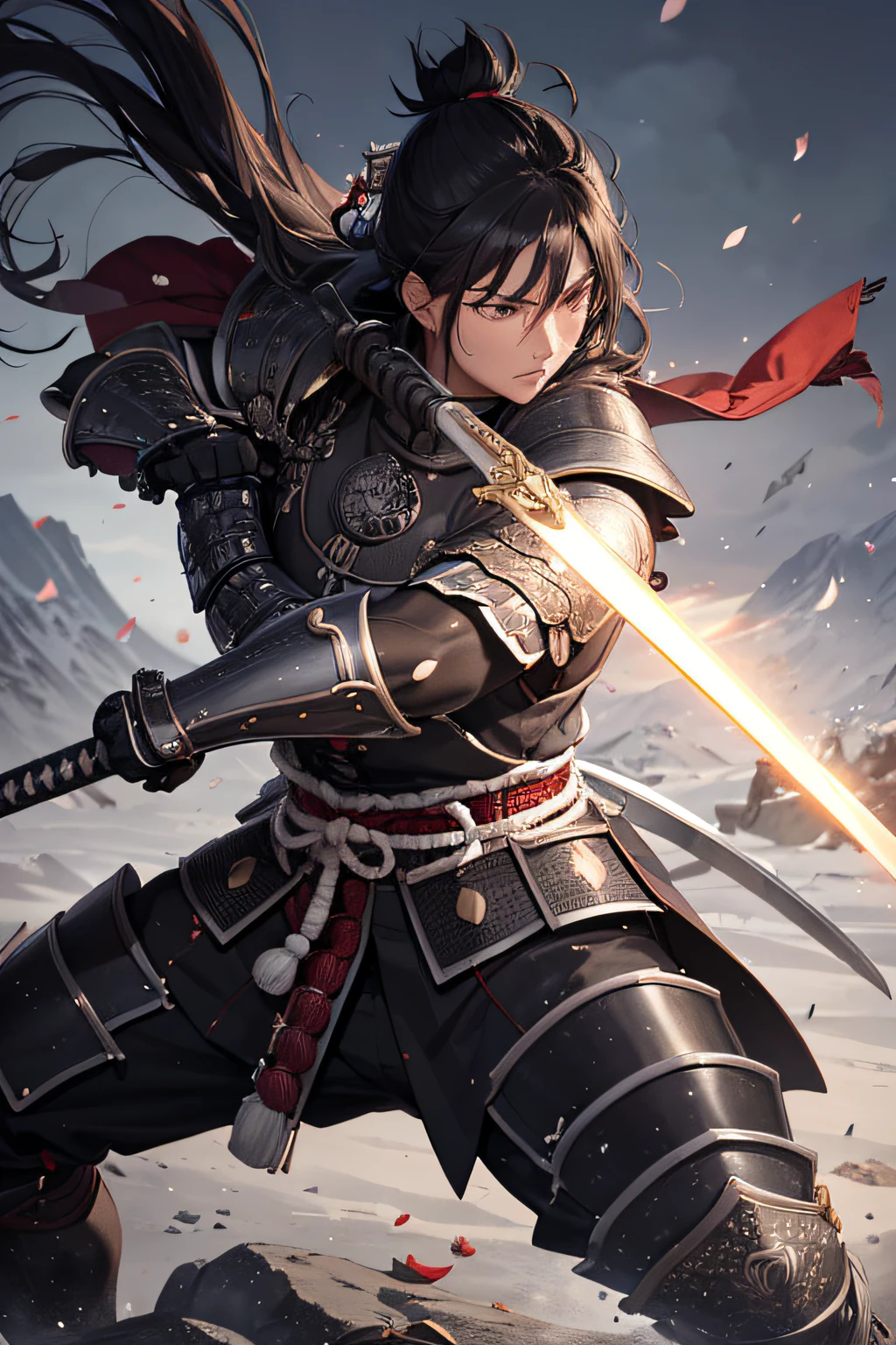 (best quality,4k,8k,highres,masterpiece:1.2),ultra-detailed realistic, black man ,samurai, sharp focus, warrior, ancient, armor, katana, brave expression, intense eyes, muscular build,fierce combat stance,detailed armor,emblem on armor, intricate sword hilt, flowing cape, dramatic lighting, dynamic pose, action scene, heavy footsteps, Japanese culture, honor, bravery, stoic expression,black and white,contrasting shadows,gleaming sword, intense battle, strength, power, focus, determination, noble, samurai code, distant mountains, sakura trees, falling petals