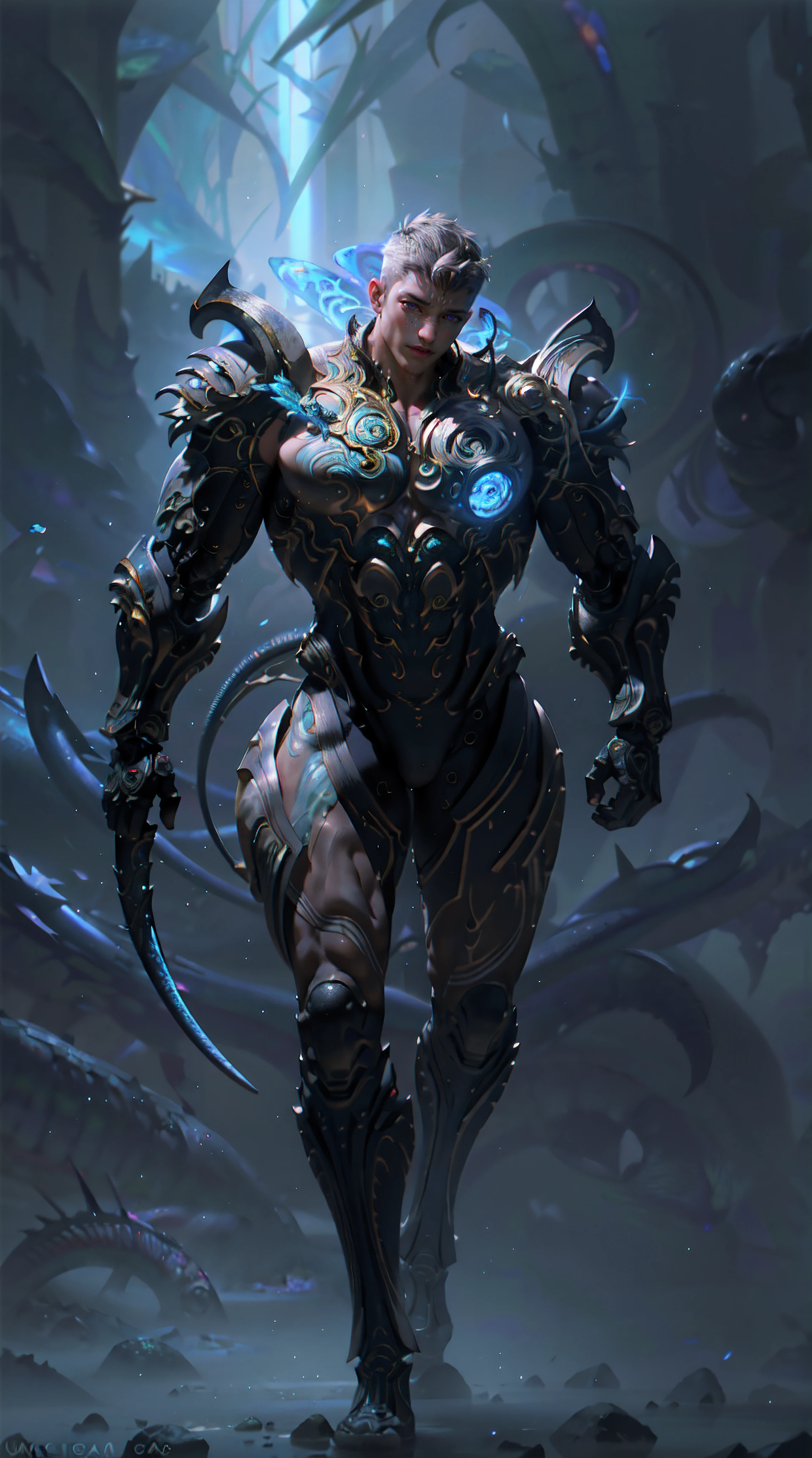 cyborg, 1boy, big muscle, full body, biomechanical, glowing scales, ethereal background, mystical atmosphere, colorfu, intricate patterns, atmosphere, ultra high res, (photorealistic:1.4), raw photo,16K,dramatic lighting,