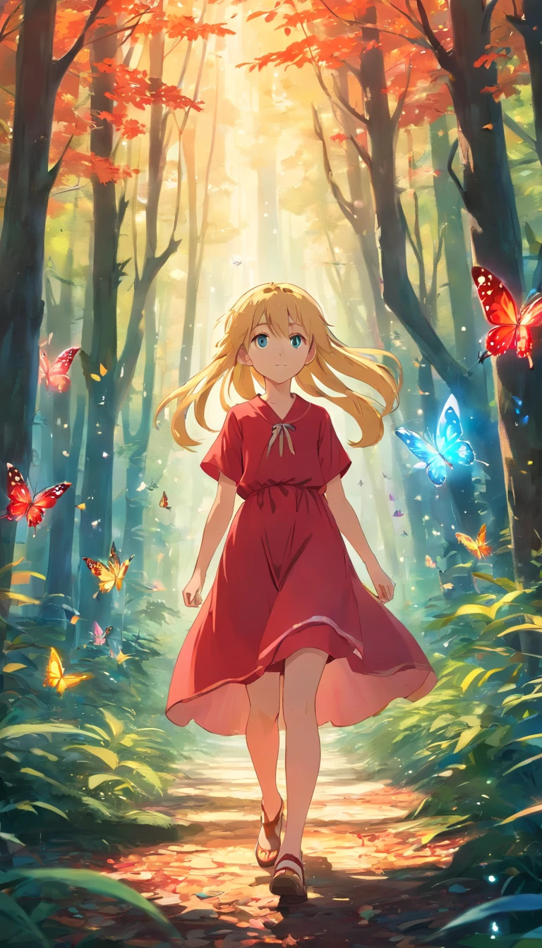 girl with red dress and long blonde hair walking in an enchanted forest, surrounded by multicolored butterflies