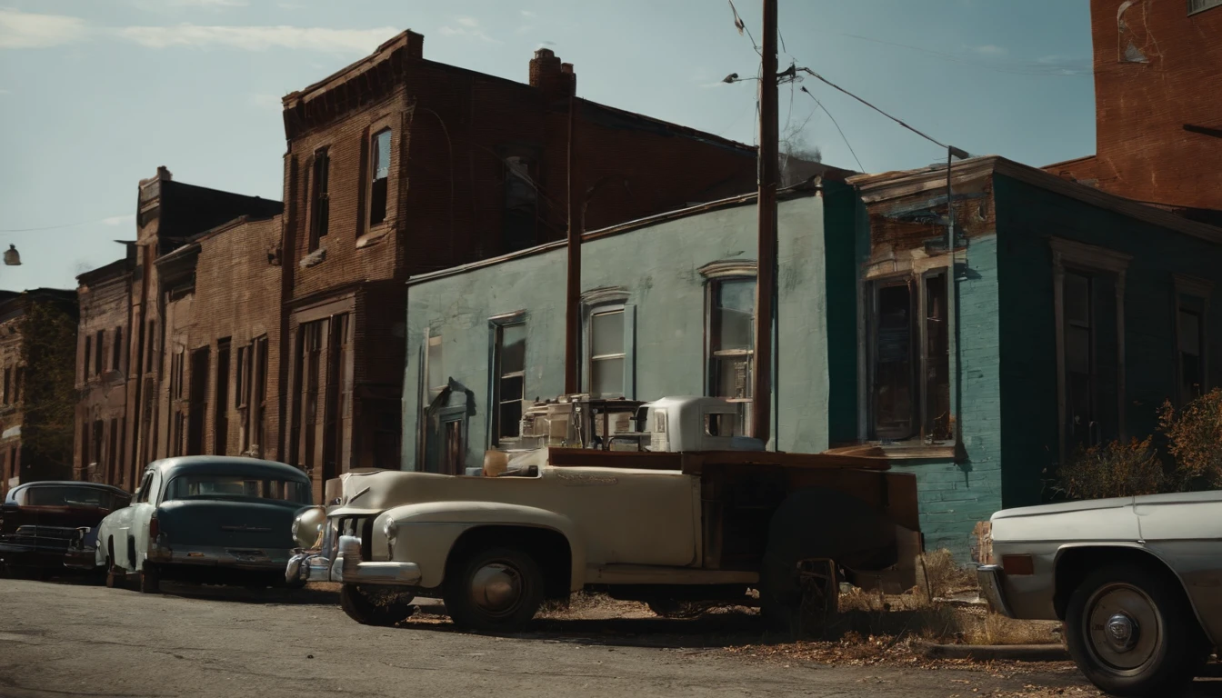 chaotic old poor city of american, american house old, devasting, old, old, cracks, American places, long wide shot, vibrant, dalight, hyperealistic, photorealistic, cinematic, intricate realistic, ultrarealistic, detailed,4k