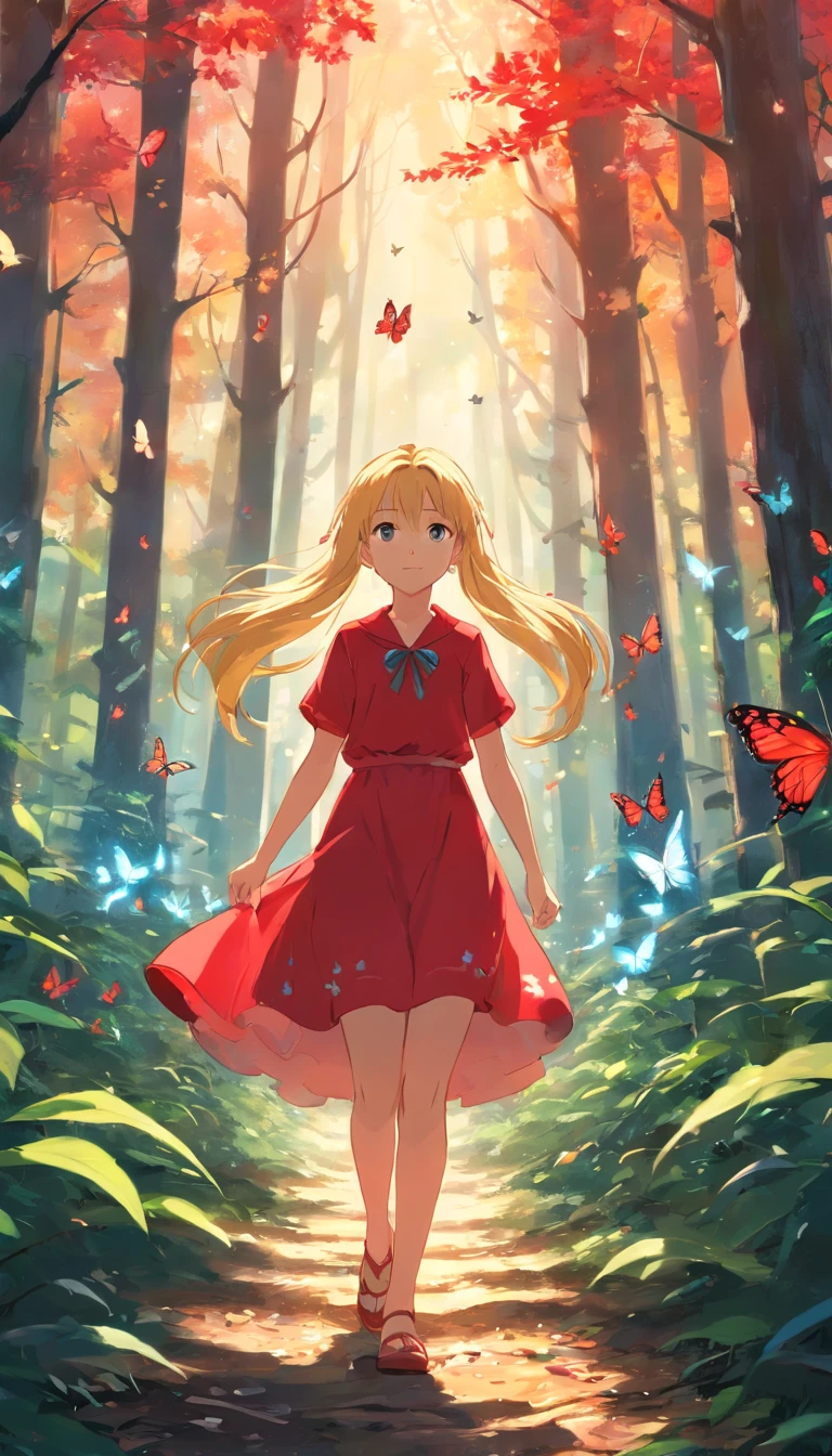Little cute 12 years old girl slavena petrova with red dress and long blonde hair walking in an enchanted forest, surrounded by butterflies
