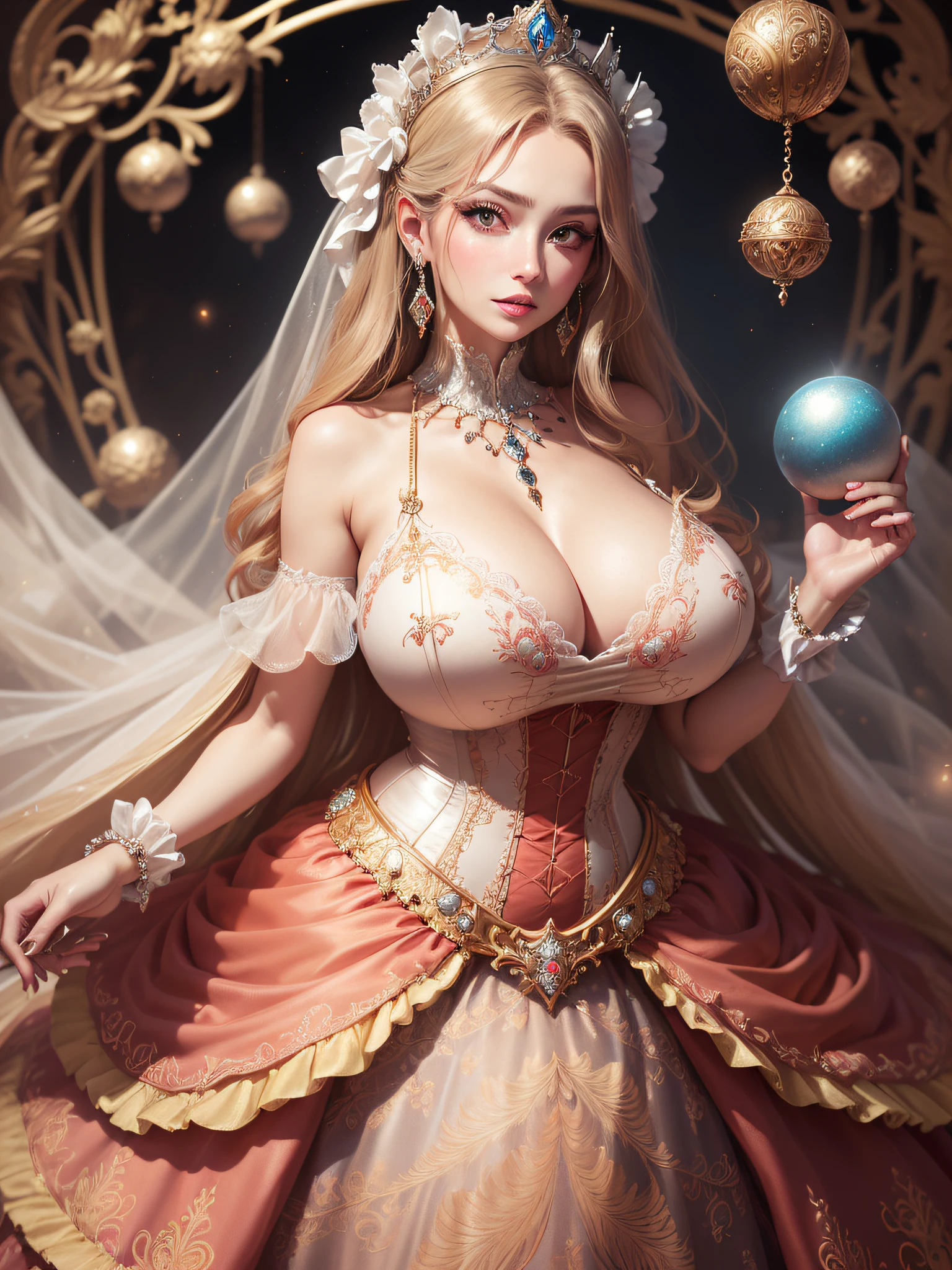 ((anime artstyle)),(Masterpiece),(Best Quality), (Super Detail),((Very Delicate and Beautiful)),cinematic lighting,1 lady,((full body portrait)),((standing in garden)),((solo)),(((1 bling-bling princess in gorgeous embroidery and bling-bling jeweled extremely gorgeous princess rococo ballgown with voluminous full length hoop skirt))),an hourglass waist,padded and corseted bodice,(((huge crinoline hoopskirt))),long train,((gorgeous embroidery and jeweled)),voluminous frills,See-through,(gorgeous embroidery and beautiful lace),(((extremely gigantic tits,skindentation))),cleavage,((large amount of straight hair,extremely voluminous Straight long Hair,Very Long Straight Hair)),(finely detailed face and eyes),clear pupil,extremely gorgeousfull hair ornament,(bling-bling jeweled extremely gorgeousfull tiara),(bling-bling gorgeous gemstone jewelry),long veil,(beautiful background),(full body),((gorgeous embroidery and bling-bling jeweled extremely gorgeous princess rococo ballgown with voluminous full length hoop skirt))