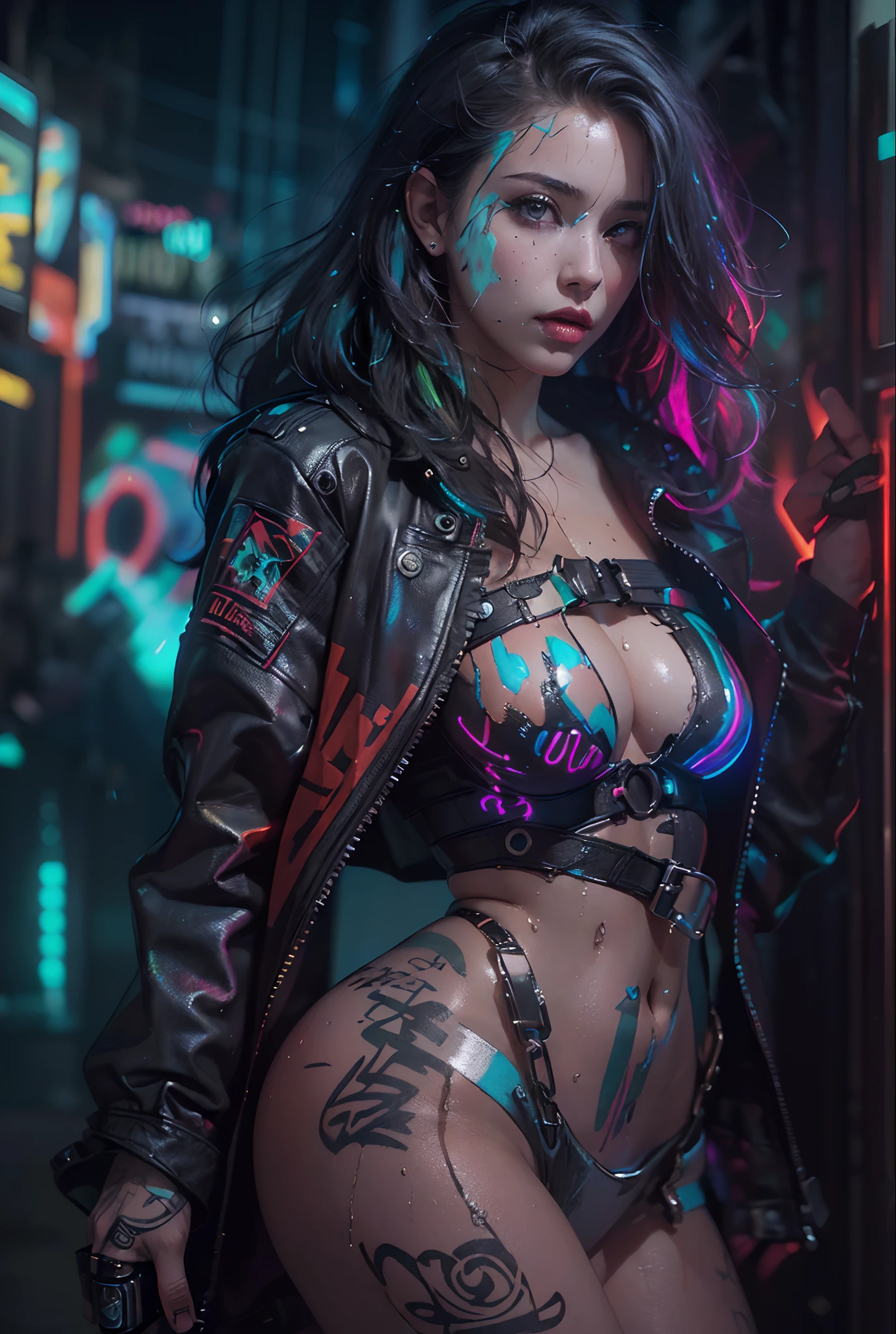 ((masterpiece))((highest quality))((27 year old girl,shoulder length highlight hair ))head to knee portrait ((she's seductively standing alluringly sexual revealing herself through opening her outfit. Partially exposed breast naked. )). ((Background is a Highly detailed cyberpunk club with multicolor LED lights. Graffiti .Luminous.))4k. Highly intricate details. Cinematic. Highly Reflective wet sidewalk.