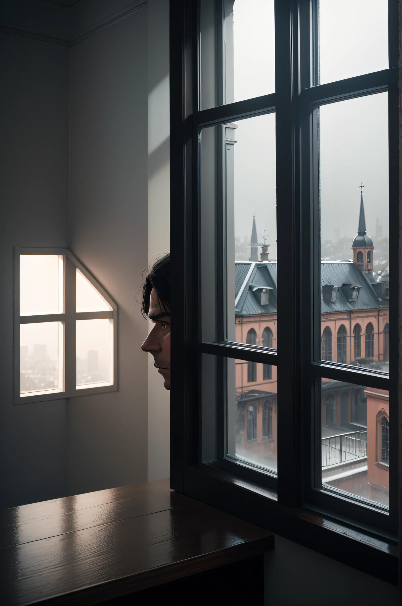A bleak scenario, dois homens inimigos, One spy man sees the other from the window, chuva forte, arquitetura russa ao fundo, uma igreja bizantina, atmosfera de suspense e rivalidade, consternation among human beings.