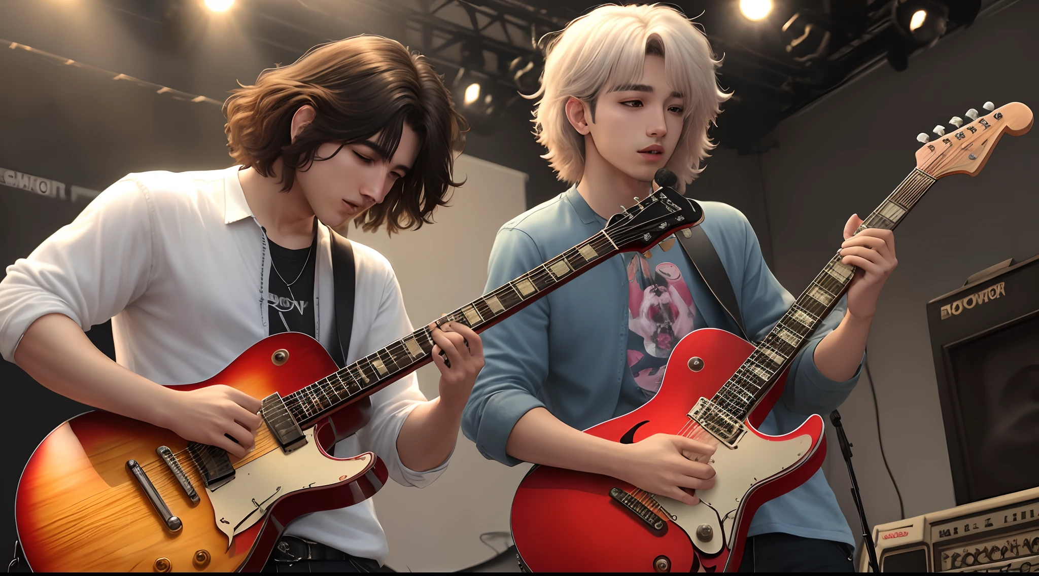 Jungkook moreno, guitarrista, cabelos longos realista