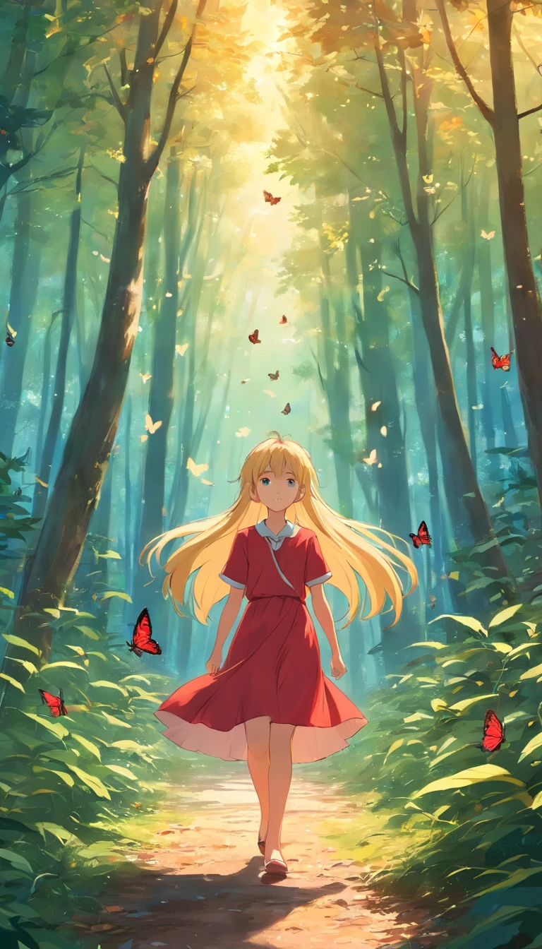 Little cute 12 years old belarus girl slavena petrova with red dress and long blonde hair walking in an enchanted forest, surrounded by butterflies