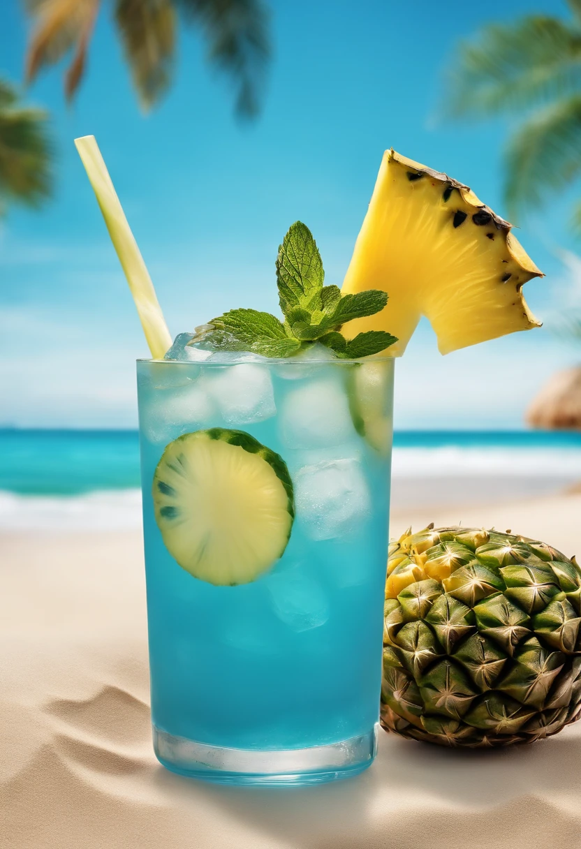 Fazer uma imagem de um drink pineaple blue, Made with pineapple and curaçau blue and lots of ice and decorated with a sprig of mint, in a setting of a paradisiacal beach