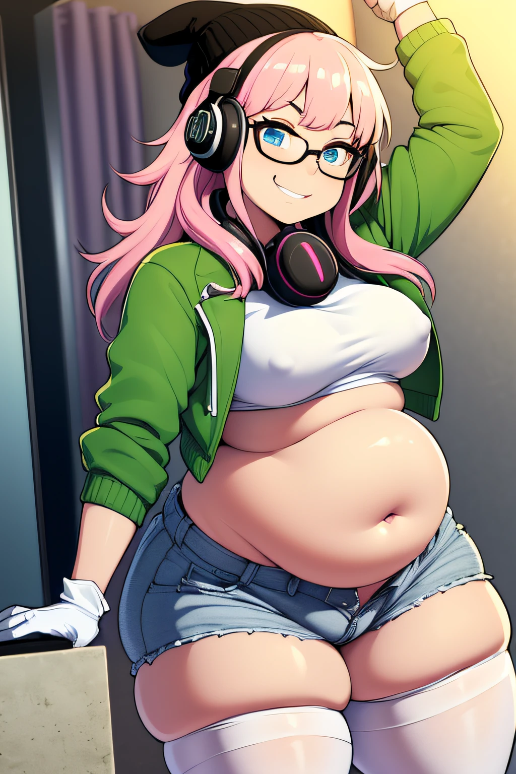 Master, high quality, best quality, beautiful, HD, perfect lighting, (detailed face), (detailed body), ((1girl)), ((solo)), (((chubby))), ((fat)), ((tummy bulge)), ((((big belly)))), plump, belly, she has gained weight, modern house, kitchen, (stretched out belly), ((full belly)), (((bloated))), she is bottom-heavy, short pink hair, (fluffy hair), blue eye, confident smile, smug, green jacket, grey shorts, transparent thigh highs, brown boots, grey finger-less gloves, headphones around the neck, green beanie, glasses, white t shirt, she is pitting her fingers into her bellybutton,