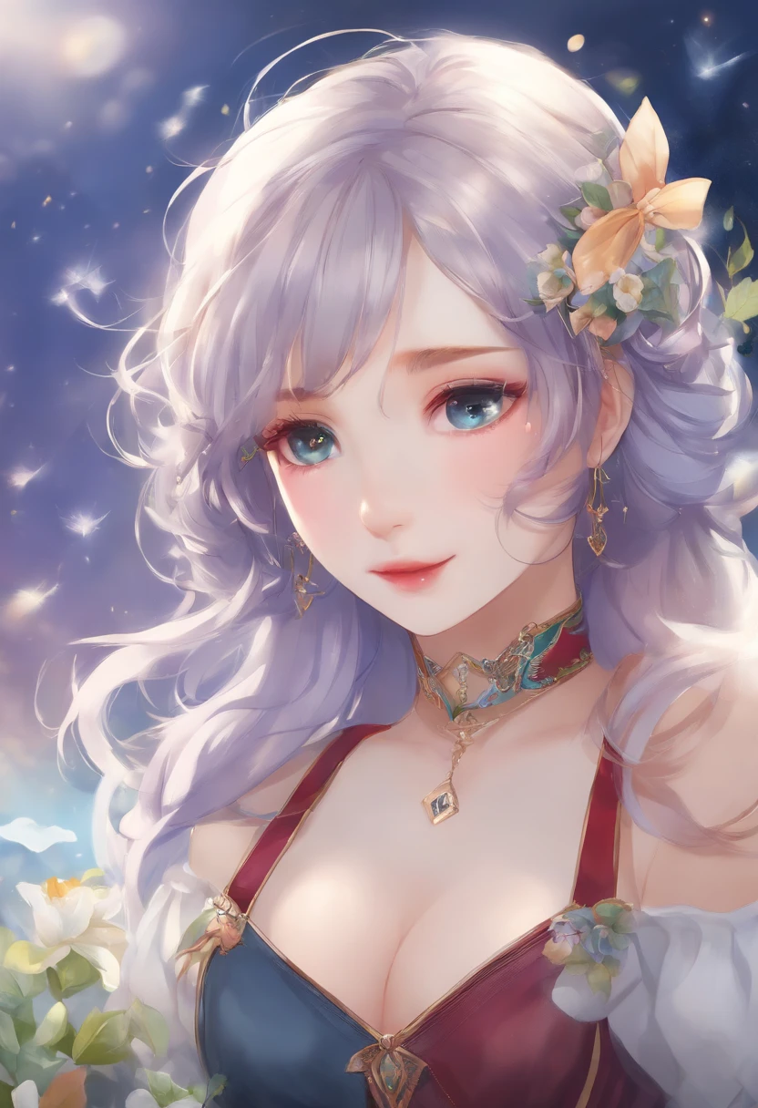 1.5),(1 girl),(Dynamic Pose),(multicolored hair+Silver hair:1.3+Red hair:1.2+Purple hair+Yellow hair:1.3+Green hair:1.3),(Blue eyes),(Neck ribbon),(floating),(cloud),(Too many drops of water),(Twilight),(watercolor paiting),(Wide Shot)