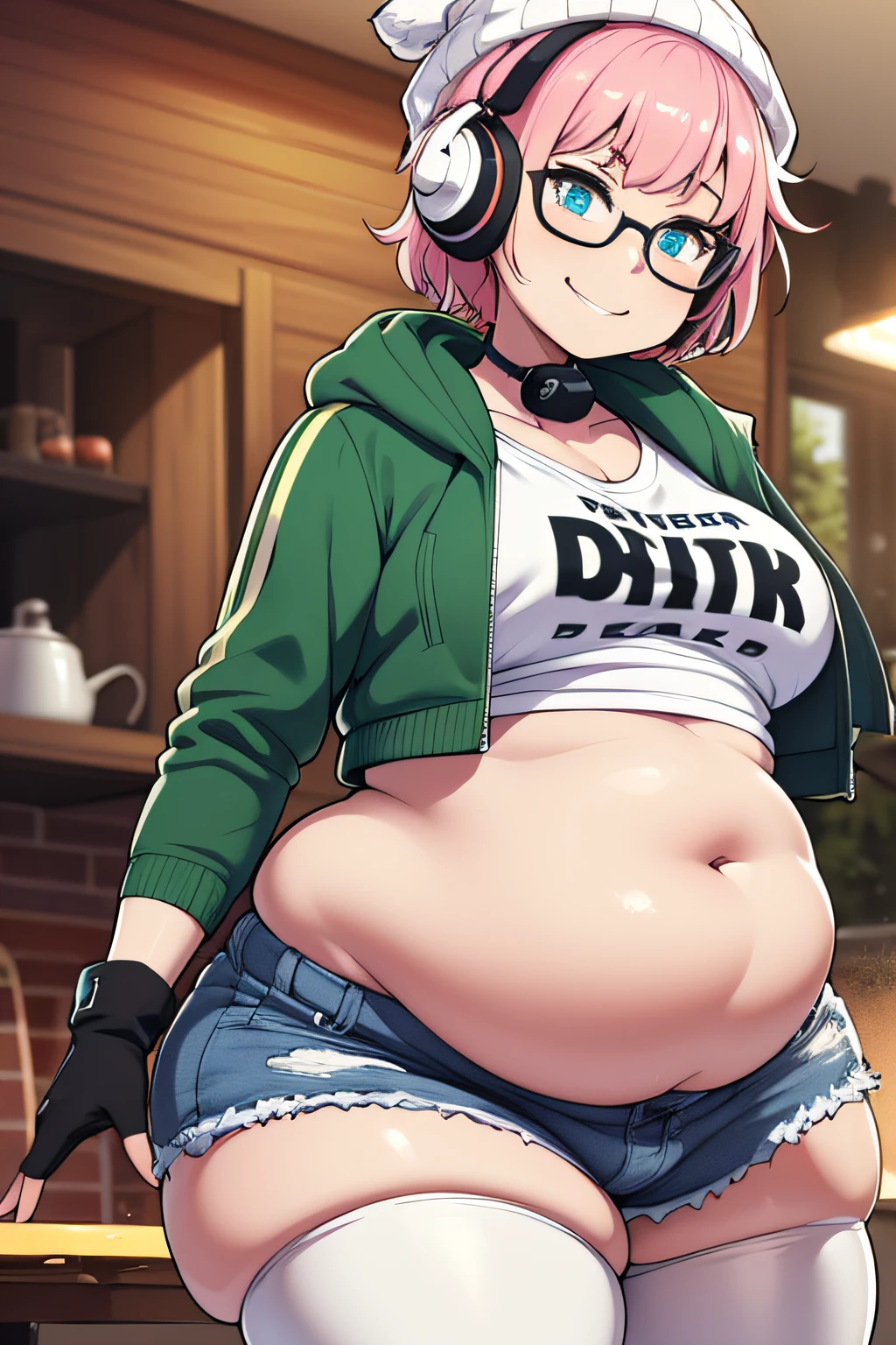 Master, high quality, best quality, beautiful, HD, perfect lighting, (detailed face), (detailed body), ((1girl)), ((solo)), (((chubby))), ((fat)), ((tummy bulge)), ((((big belly)))), plump, belly, she has gained weight, modern house, kitchen, (stretched out belly), ((full belly)), (((bloated))), she is bottom-heavy, short pink hair, (fluffy hair), blue eye, confident smile, smug, green jacket, grey shorts, transparent thigh highs, brown boots, grey finger-less gloves, headphones around the neck, green beanie, glasses, white t shirt, breaking chair