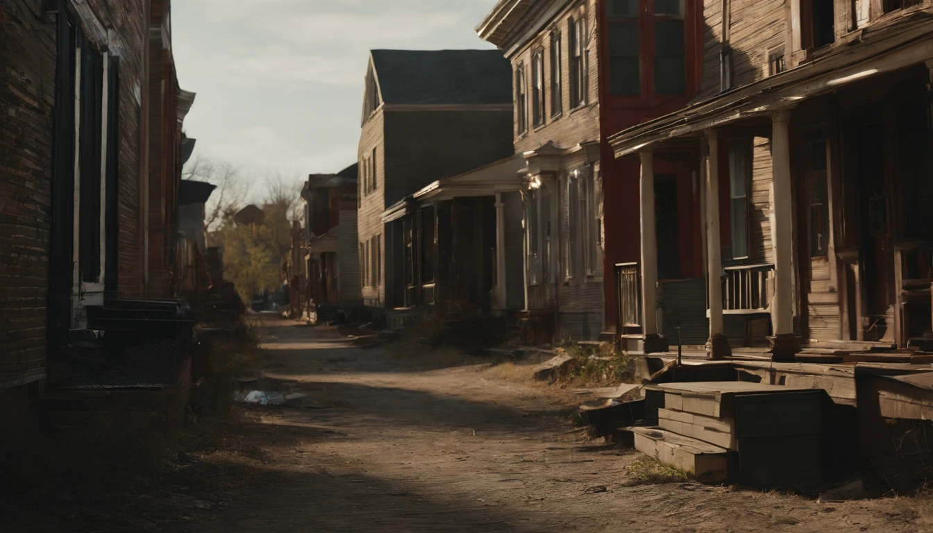 chaotic old poor city of american, american house old, devasting, cracks, old, cracking, poor, poor places, poorly, broke, long wide shot, poor statees, cracked houses, haunted, higly realistic, daylight, natureal lighting, old, old, cracks, American places, long wide shot, vibrant, dalight, hyperealistic, photorealistic, cinematic, intricate realistic, ultrarealistic, detailed,4k