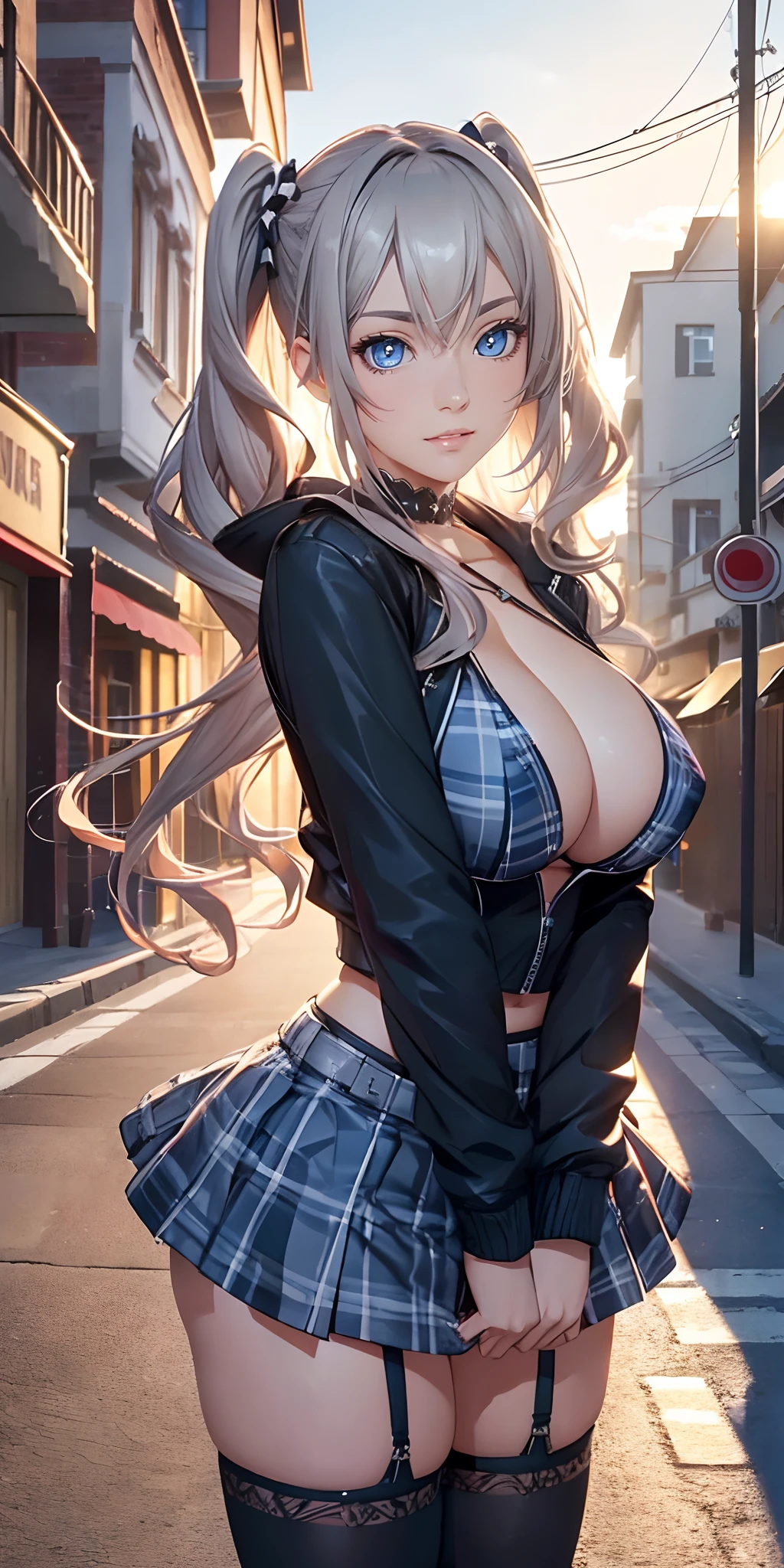 3/4 body illustration,voluptuous model,jrpg style,slim fit body,huge breasts,realism,(best quality,4k,8k,highres,masterpiece:1.2),(ultra-detailed,photorealistic:1.37),studio lighting,sharp focus,physically-based rendering,digital art, (woman, wavy hair, twintails, asymmetrical bangs, printed micro bikini top, jacket, miniskirt, thighhighs, choker, smile, parted lips, cute look), (standing at the city alley with elaborate details, city streets in background, late evening)