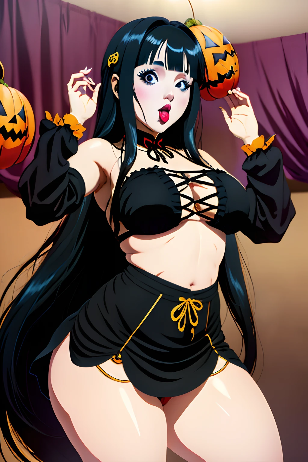 girl with very white skin, very long black hair and very short bangs, chubby girl, showing the tongue,wearing gothic clothes, doing a sensual pose,halloween background. anime style