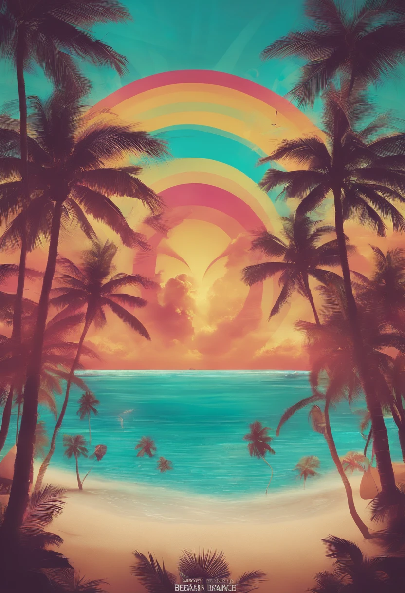 Create a psychedelic poster for a beachfront 'Tropical Trance Party' in Punta Cana, featuring mind-bending visuals and tropical motifs