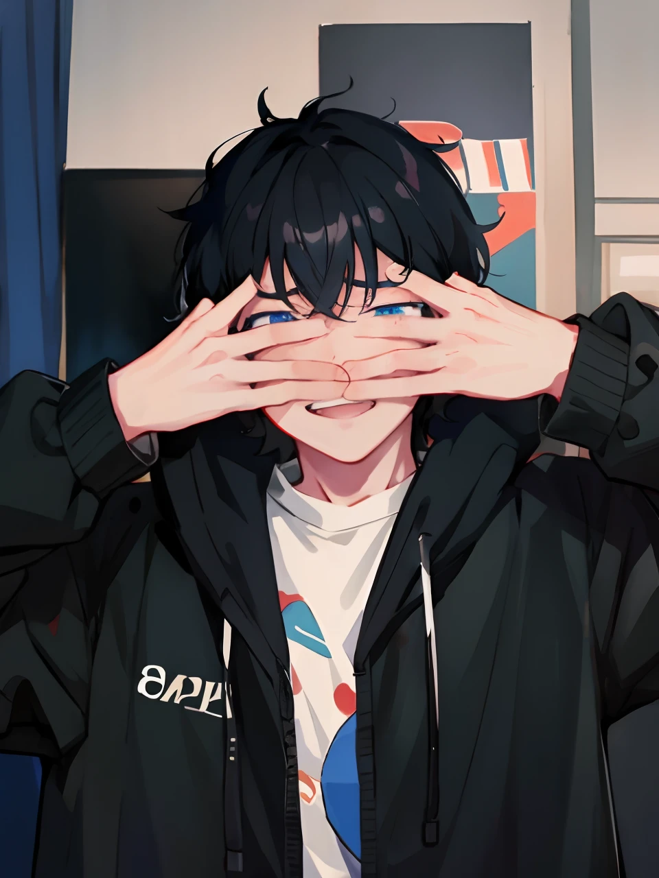 anime boy with black hair covering his eyes with his hands, anime moe artstyle, [[[[grinning evily]]]], lofi portrait, high quality anime artstyle, anime style 4 k, artwork in the style of guweiz, anime style portrait, anime style. 8k, lofi artstyle, anime artstyle