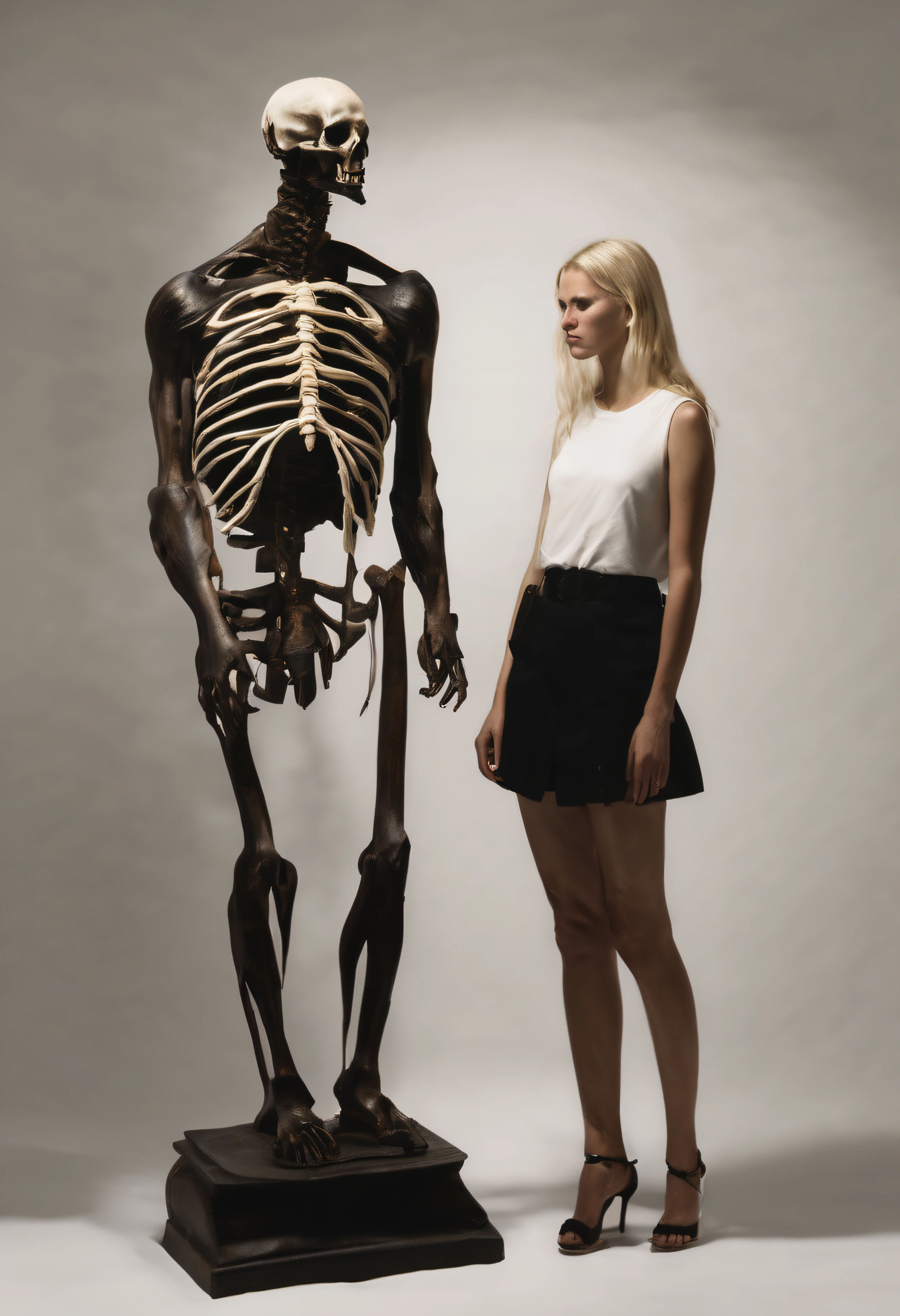 onoff, a skeleton wearing a (chubby:0.5) woman, onoff, side-by-side, black background <lora:OnoffXL_ExtraCrispy:1>