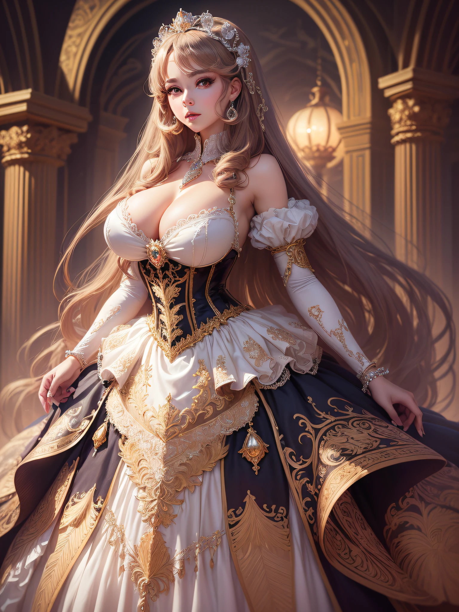 ((anime artstyle)),(Masterpiece),(Best Quality), (Super Detail),((Very Delicate and Beautiful)),cinematic lighting,1 girl,((full body portrait)),((standing in garden)),((solo)),(((1 bling-bling princess in gorgeous embroidery and bling-bling jeweled extremely gorgeous princess rococo ballgown with voluminous full length hoop skirt))),an hourglass waist,padded and corseted bodice,(((huge crinoline hoopskirt))),long train,((gorgeous embroidery and jeweled)),voluminous frills,See-through,(gorgeous embroidery and beautiful lace),(((extremely gigantic tits,skindentation))),cleavage,((large amount of straight hair,extremely voluminous Straight long Hair,Very Long Straight Hair)),(finely detailed face and eyes),clear pupil,extremely gorgeousfull hair ornament,(bling-bling jeweled extremely gorgeousfull tiara),(bling-bling gorgeous gemstone jewelry),long veil,(beautiful background),(full body),((gorgeous embroidery and bling-bling jeweled extremely gorgeous princess rococo ballgown with voluminous full length hoop skirt))