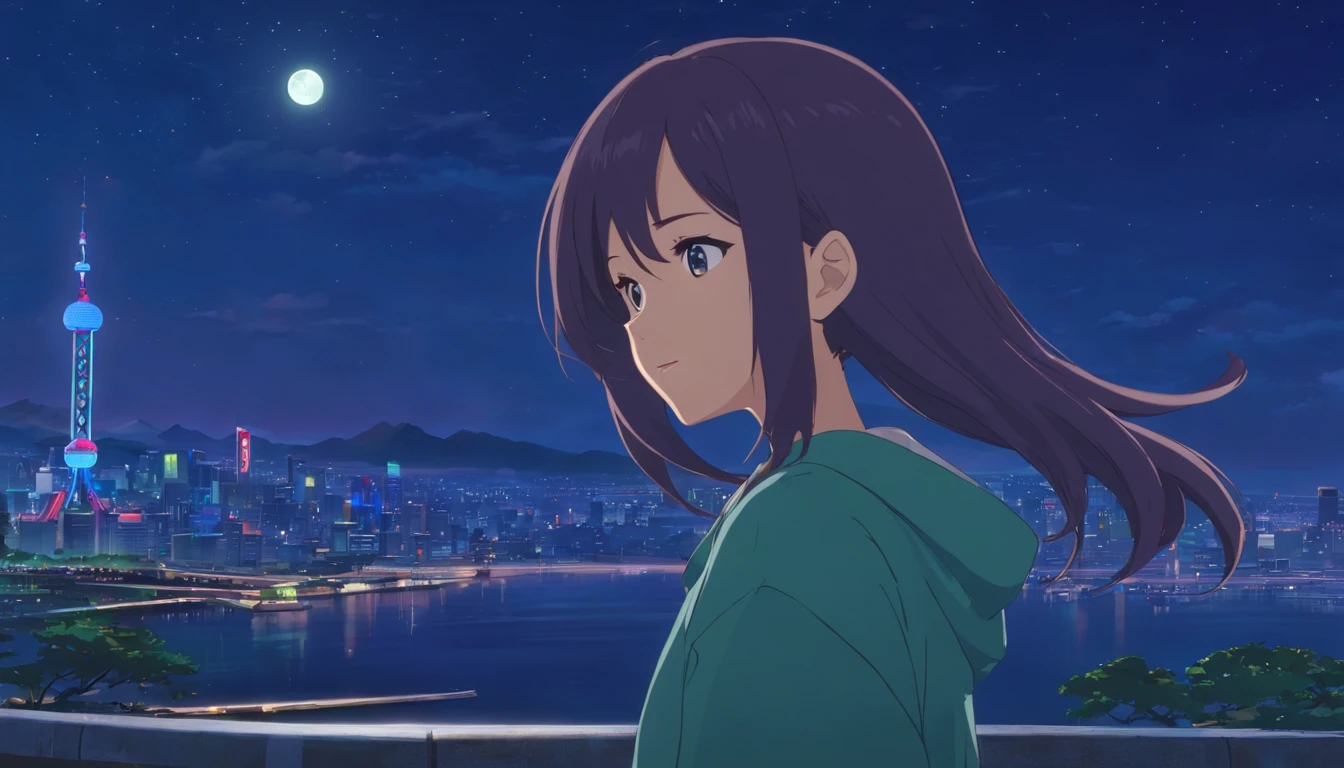 Best quality at best,tmasterpiece,The is very detailed,Face details,8K, detailed back ground,1girll,独奏,Silver hair,eBlue eyes,,long whitr hair,wavey hair,voluminous hair,,,Blushlush,ssmile,Shawl,Chinese city,Chinese service,the night,themoon,scenecy,high place,horizon,ventania,wind blown,flowerbed,looking at viewert