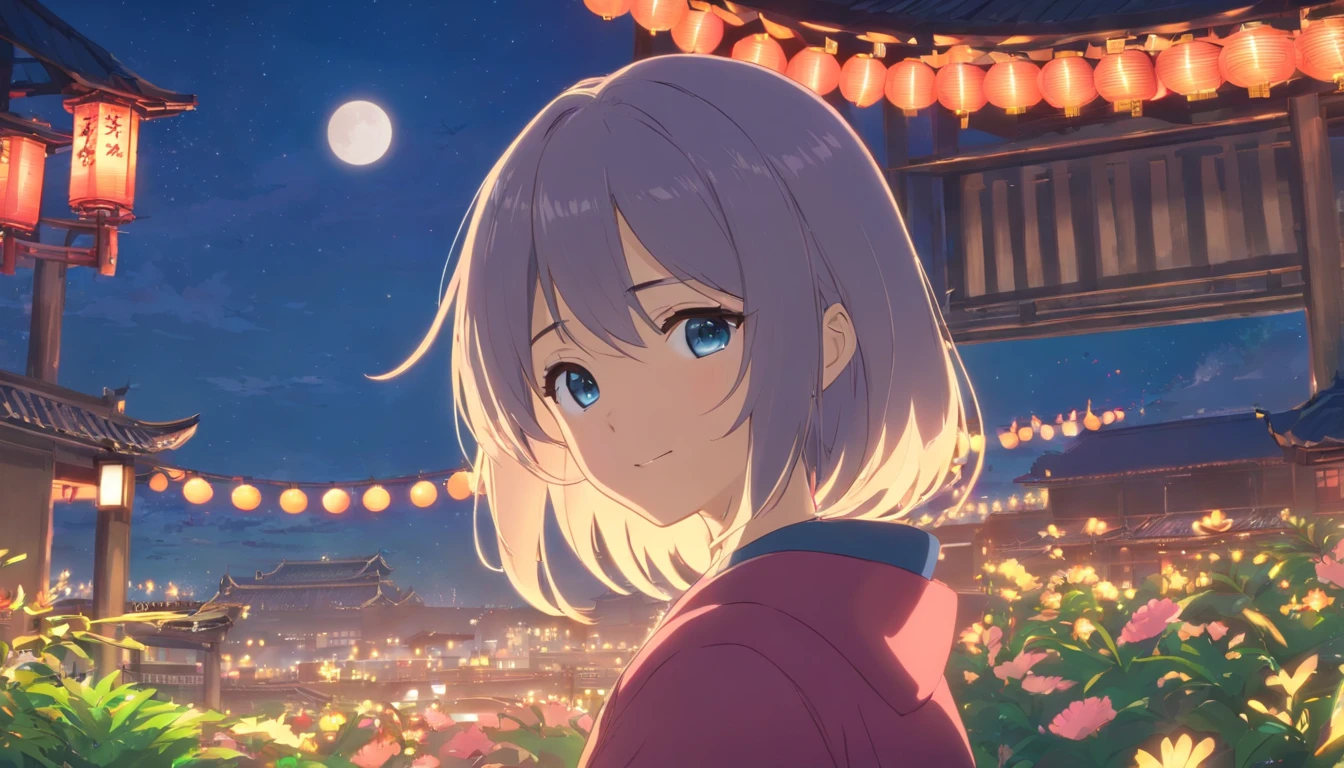 Best quality at best,tmasterpiece,The is very detailed,Face details,8K, detailed back ground,1girll,独奏,Silver hair,eBlue eyes,,long whitr hair,wavey hair,voluminous hair,,,Blushlush,ssmile,Shawl,Chinese city,Chinese service,the night,themoon,scenecy,high place,horizon,ventania,wind blown,flowerbed,looking at viewert
