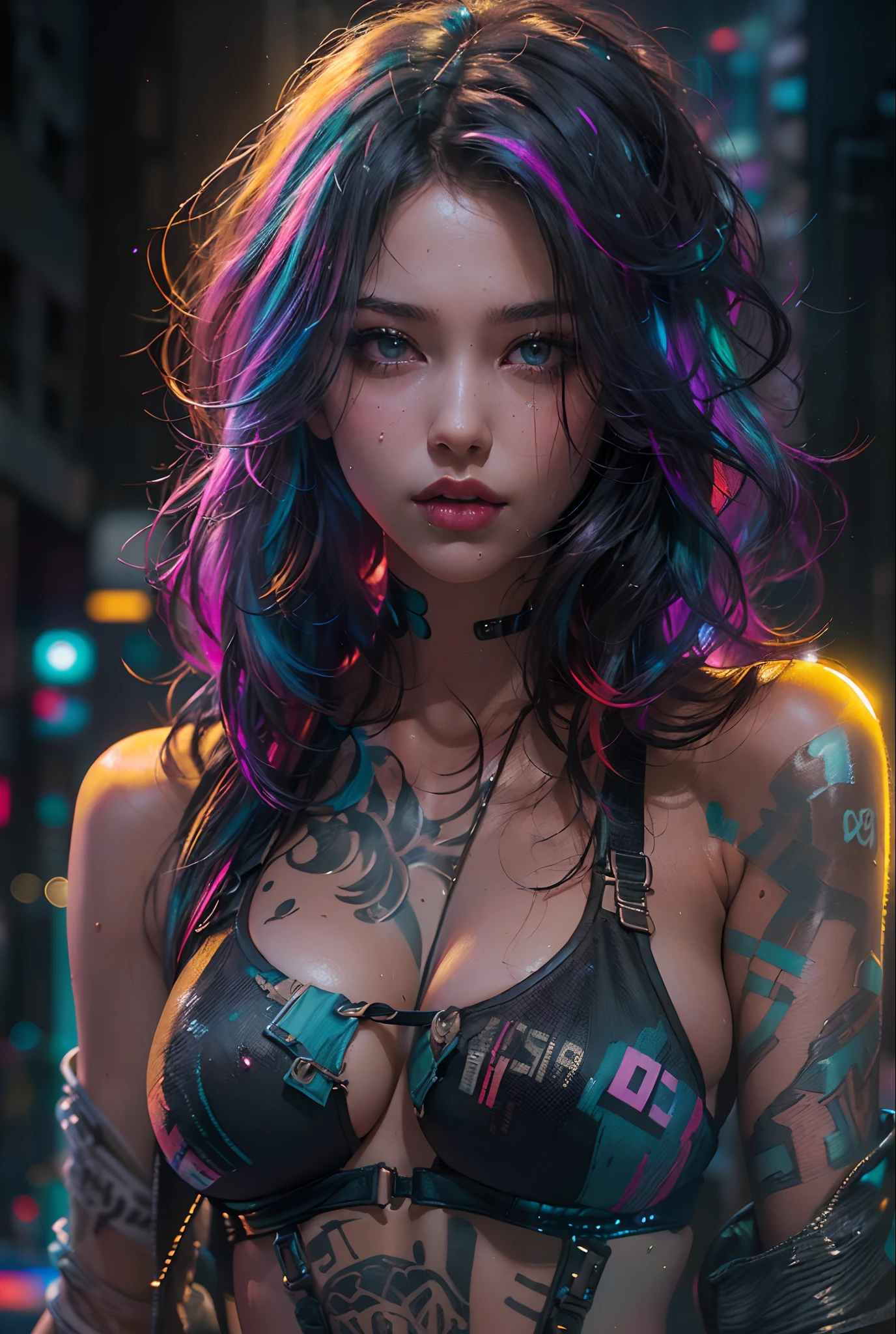 ((masterpiece))((highest quality))((27 year old girl,shoulder length highlight hair ))head to knee portrait ((she's seductively standing alluringly sexual revealing herself through opening her outfit. Partially exposed breast naked. )). ((Background is a Highly detailed cyberpunk club at night with multicolor LED lights. Graffiti .Luminous.))4k. Highly intricate details. Cinematic. Highly Reflective wet sidewalk.