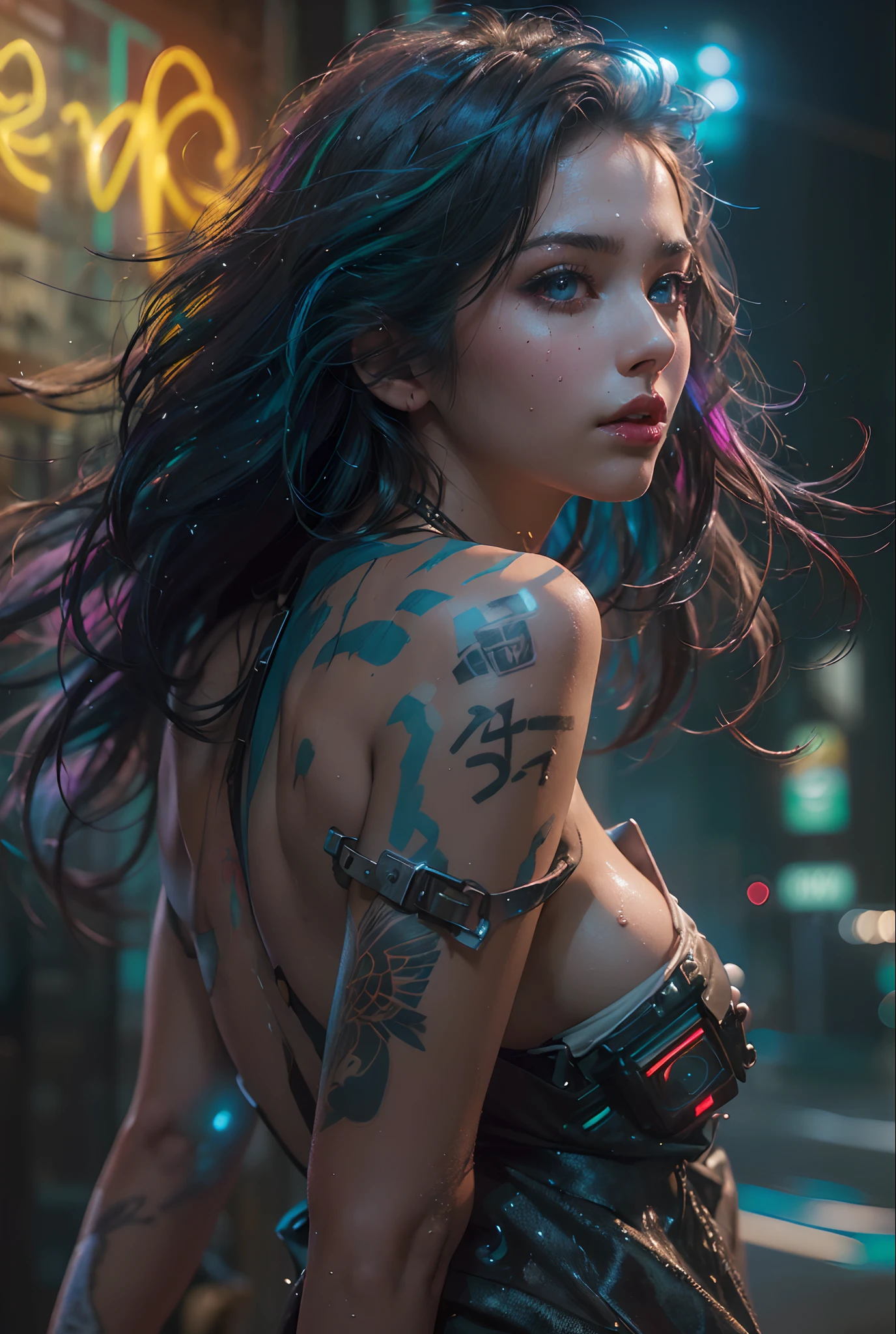 ((masterpiece))((highest quality))((27 year old girl,shoulder length highlight hair ))head to knee portrait ((she's seductively standing alluringly sexual revealing herself through opening her outfit. Partially exposed breast naked. )). ((Background is a Highly detailed cyberpunk club at night with multicolor LED lights. Graffiti .Luminous.))4k. Highly intricate details. Cinematic. Highly Reflective wet sidewalk.