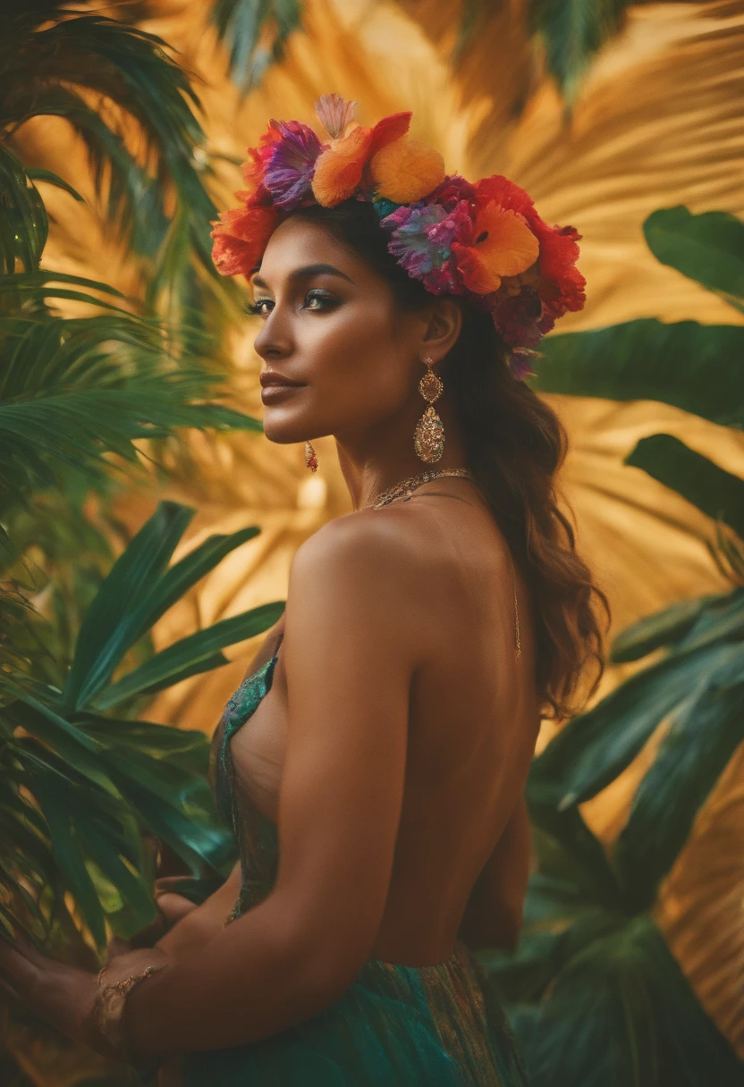 Create a psychedelic 'Tropical Trance Party' in Punta Cana, featuring mind-bending visuals and tropical motifs. She is drunk and dancing