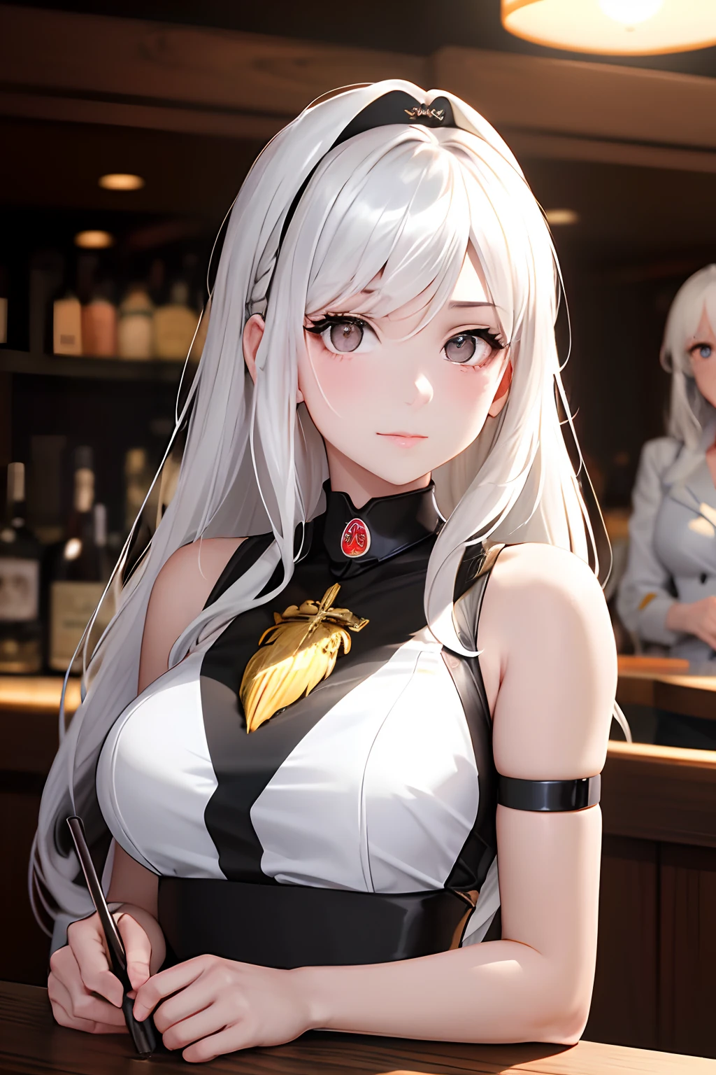 a bar counter、masutepiece, Superb Boobs (Fashionable clothing), (Illustration), ((two individuals)), ((Beautiful young couple), (Russian mil style), Fashion, Designer clothing, (Happy), (Gray eyes), (White hair), (White skin), (dark circles), Cute, Trendy , (Chiaroscuro)), Fine facial details, Facial Detailed, Cinematic lighting, (depth of fields), nffsw, (Upper body), BAR background, Indirect light