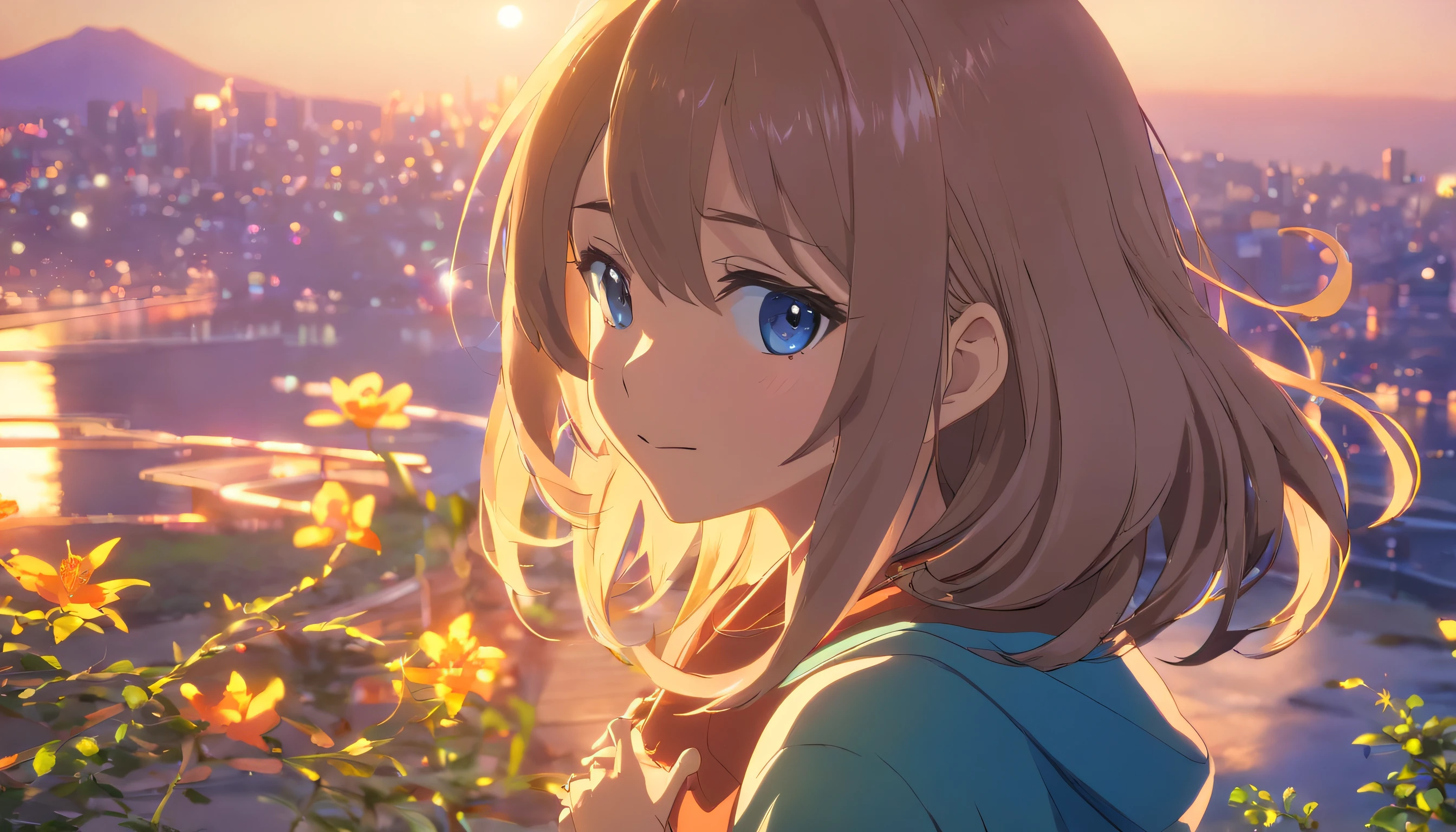 Best quality at best,tmasterpiece,The is very detailed,Face details,8K, detailed back ground,1girll,独奏,Silver hair,eBlue eyes,,long whitr hair,wavey hair,voluminous hair,,,Blushlush,ssmile,Shawl,Chinese city,Chinese service,the night,themoon,scenecy,high place,horizon,ventania,wind blown,flowerbed,looking at viewert
