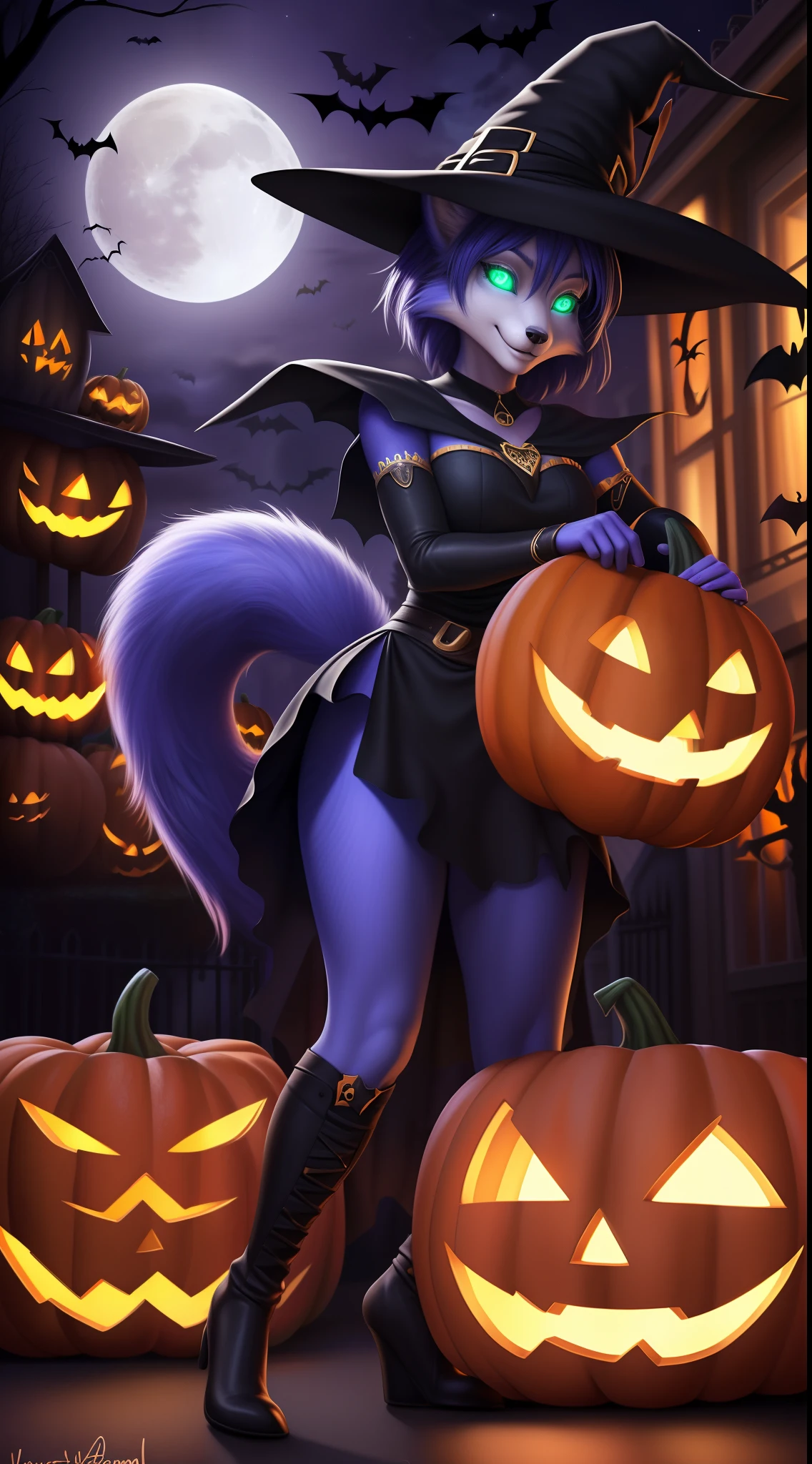 von Personalami, Krystal, Krystal von Star Fox, weiblich, (detailliert), Ansicht des Betrachters, flauschig, nur, high resolution, fotorealistisch, niedlich schauend, verlegend schauend, (((witch outfit))), (((glowing halloween pumpkin))), (((at a street with halloween themed houses in the background))), (((Halloween houses))), (((at night))) (((beg full of candy))), ((evil smile)), (((glowing eyes))), (((full moon ))), happy, detailliert, detailliert vaginal, green eyes, ((detaillierte Augen), full-body, weiblich, mager weiblich, looks happy, Blick auf den Betrachter, (detailliert), flauschig, (((high resolution))), (((fotorealistisch))), detailliertes Fell, standing position, (((anatomy correct))), (((anatomoy correct tail))), ((tail correct Position)), five fingers, beautiful, (((masterpiece))), (((best quality))), detailled image, ((reflective lighting)), ((detailed shading)),