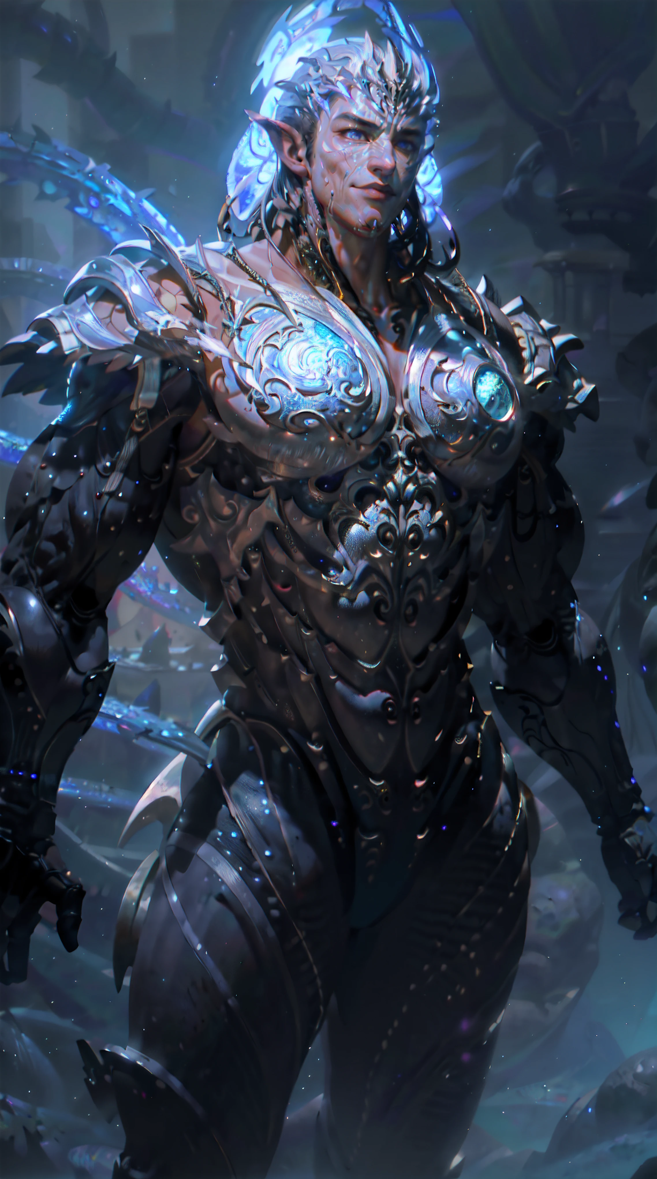 cyborg, 1boy, big muscle, upper body, biomechanical, glowing scales, ethereal background, mystical atmosphere, colorfu, intricate patterns, atmosphere, ultra high res, (photorealistic:1.4), raw photo,16K,dramatic lighting,