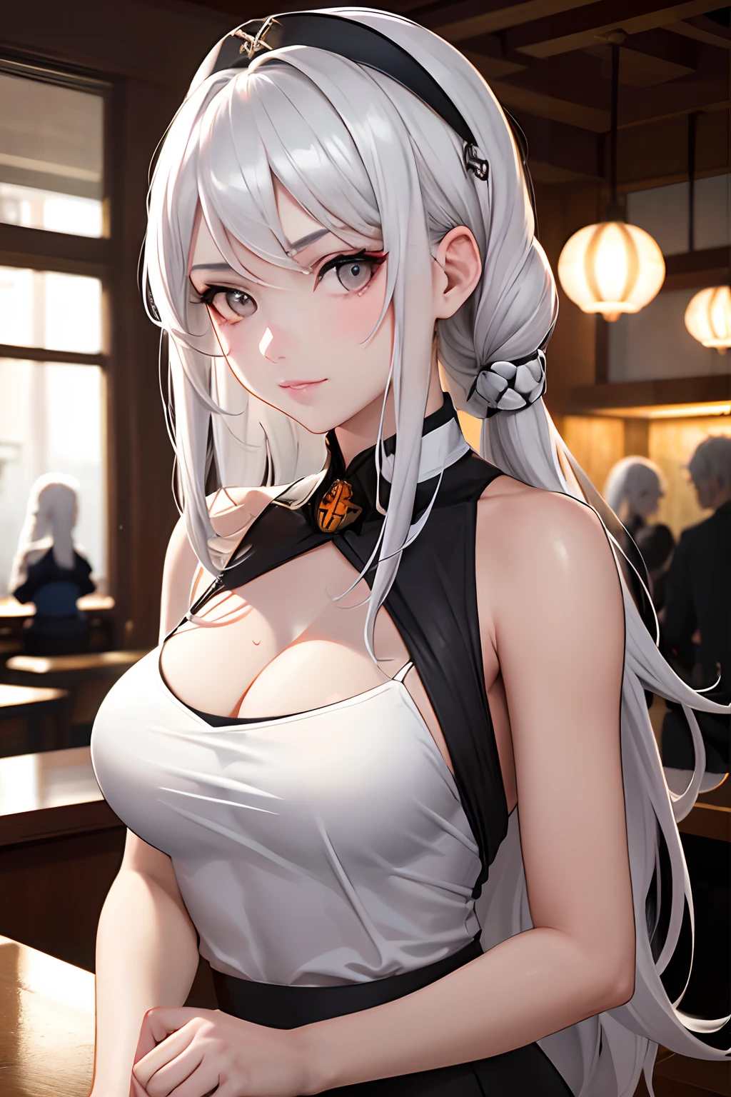 a bar counter、masutepiece, Superb Boobs (Fashionable clothing), (Illustration), ((two individuals)), ((Beautiful young couple), (Russian mil style), Fashion, Designer clothing, (Happy), (Gray eyes), (White hair), (White skin), (dark circles), Cute, Trendy , (Chiaroscuro)), Fine facial details, Facial Detailed, Cinematic lighting, (depth of fields), nffsw, (Upper body), BAR background, Indirect light