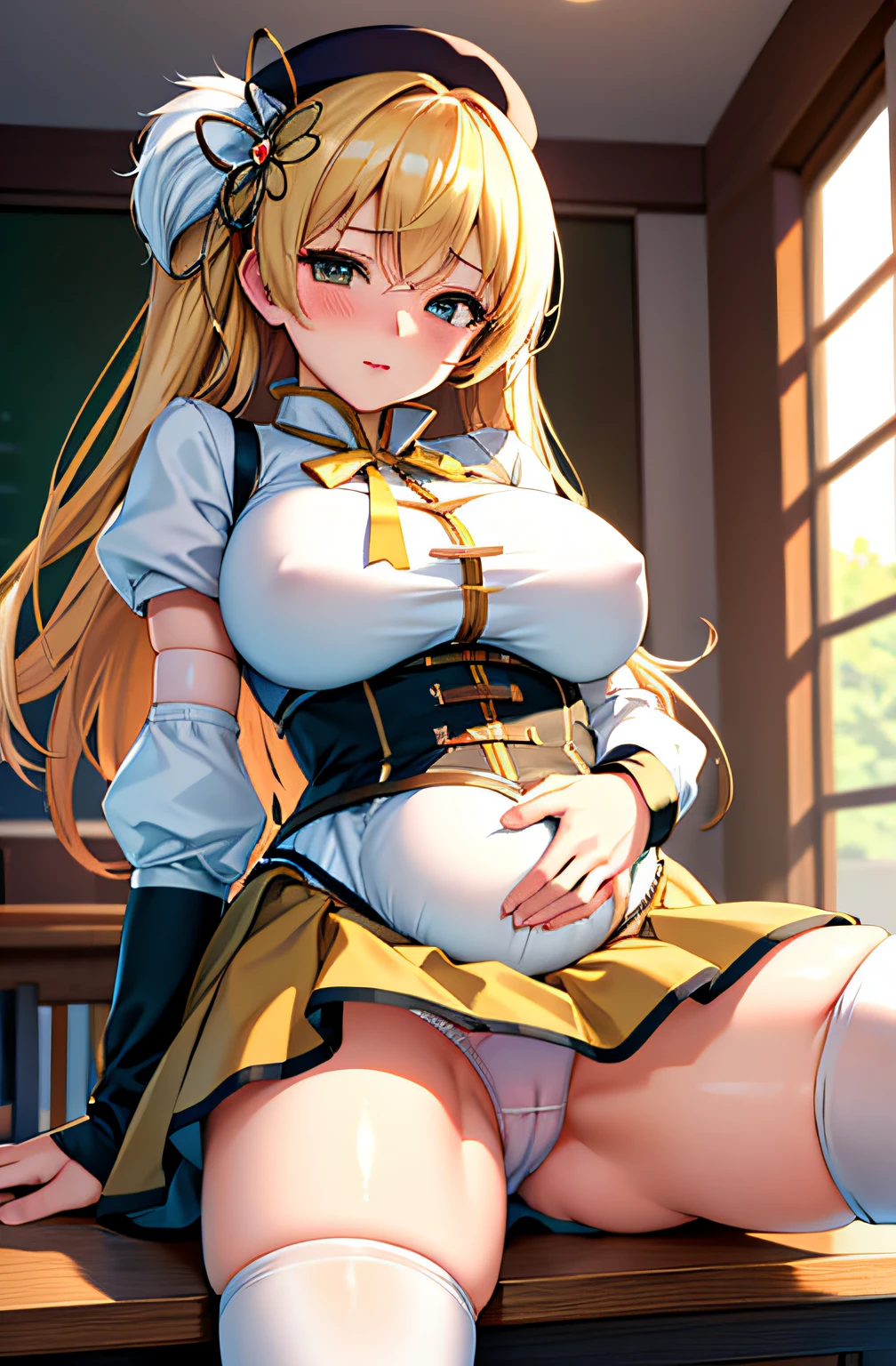 (masterpiece, best quality, detailed), 9 months pregnant with twins, Blonde hair, large breasts, bulging breasts, Mami Tomoe, looking at viewer, hard , soft smooth lighting, detailed, laying on back, legs spread wide, panties, knees bent, hands holding under knees, two legs, legs spread very wide, visible through panties, five fingers, wet , wet panties, wet inner thighs, classroom, on desk)
