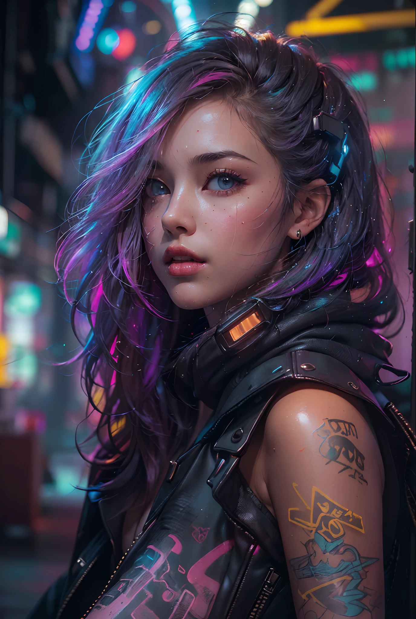 ((masterpiece))((highest quality))((27 year old girl,shoulder length highlight hair ))head to knee portrait ((she's seductively standing alluringly sexual revealing herself through opening her outfit. Partially exposed breast naked. )). ((Background is a Highly detailed cyberpunk club with multicolor LED lights. Graffiti .Luminous.))4k. Highly intricate details. Cinematic. Highly Reflective wet sidewalk.