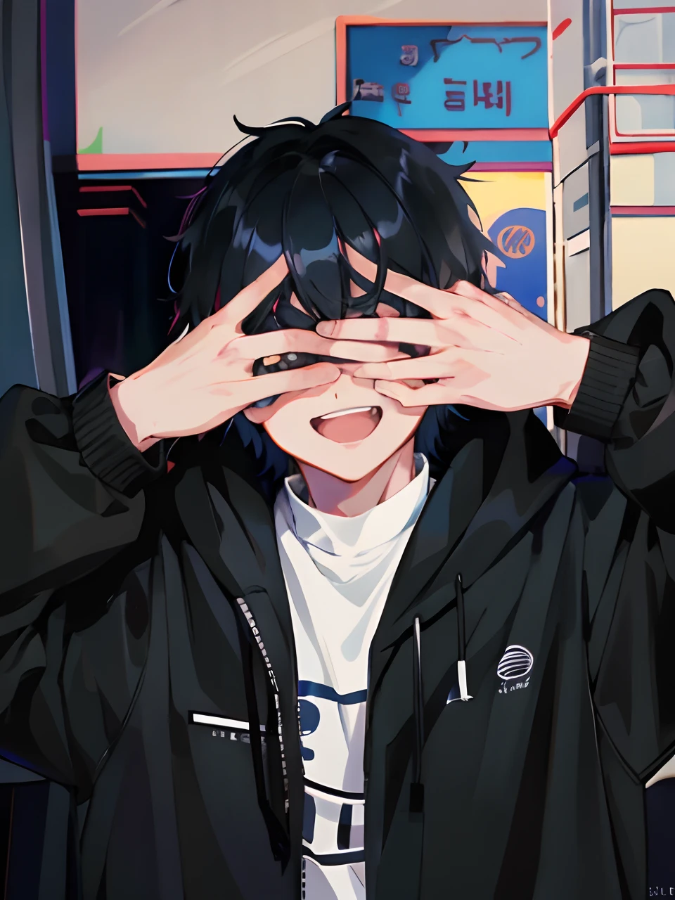 anime boy with black hair covering his eyes with his hands, anime moe artstyle, 2 d anime style, high quality anime artstyle, anime style 4 k, with index finger, [[[[grinning evily]]]], anime vibes, anime style. 8k, digital anime illustration, anime artstyle, anime style only, anime boy