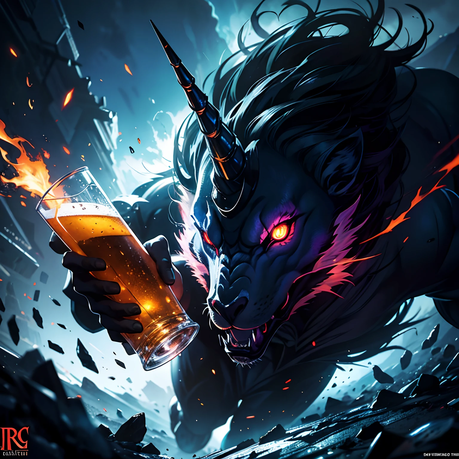 CG, anime comic style, anthropomorphic unicorn dressed in a black suit with red eyes drinking a beer, art by RA Salvatore, 32k, UHD, Heavy Metal band album cover, Hard Rock Album Cover, Album cover, Detailed, High resolution, hyperrealistic, glowing edges, crisp, clean, dramatic lighting, breathtaking, high resolution, bright eyes, Glowing eyes, realistic, fantasy core, style expressive, cinematic, enchanting, backlighting, accent lighting