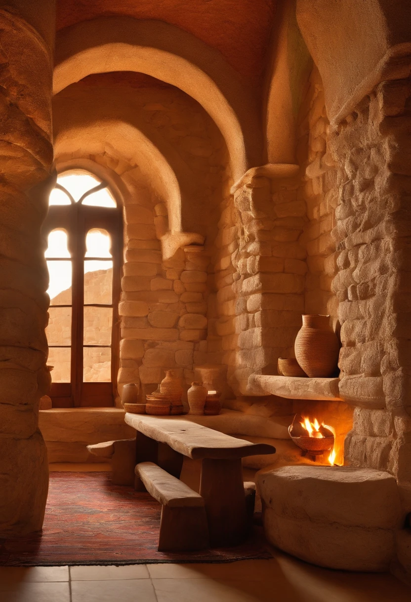 ancient hebrew house, light colors, stone and wood, beautiful