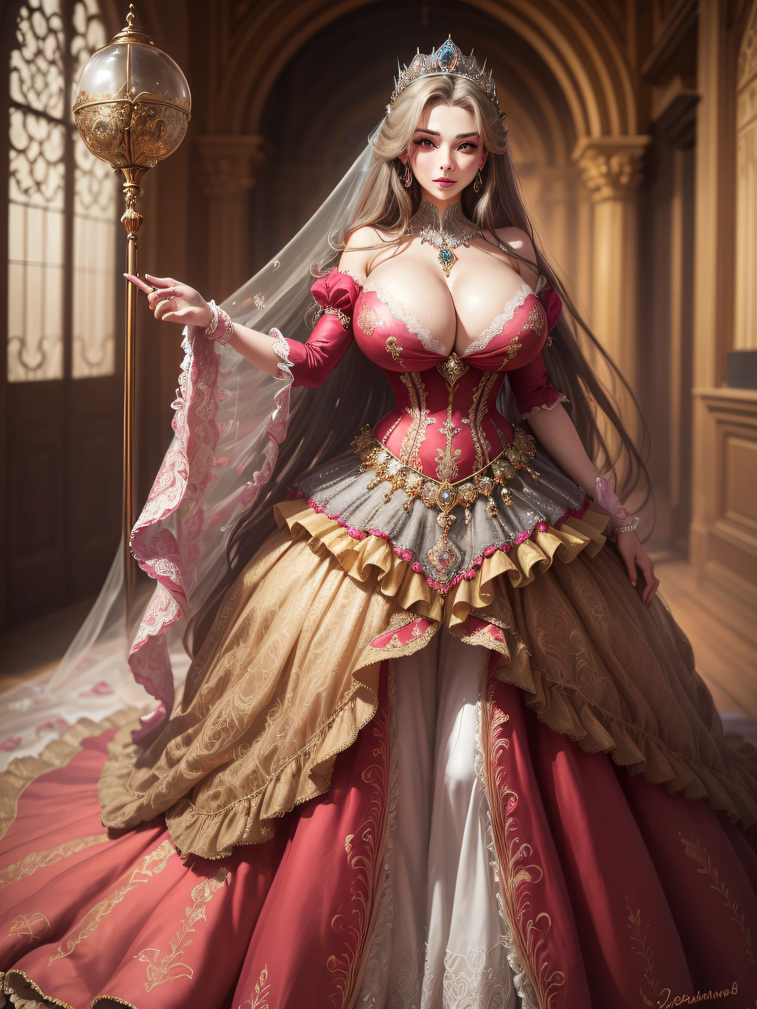 ((anime artstyle)),(Masterpiece),(Best Quality), (Super Detail),((Very Delicate and Beautiful)),cinematic lighting,1 girl,((full body portrait)),((standing in garden)),((solo)),(((1 bling-bling princess in gorgeous embroidery and bling-bling jeweled extremely gorgeous princess rococo ballgown with voluminous full length hoop skirt))),an hourglass waist,padded and corseted bodice,(((huge crinoline hoopskirt))),long train,((gorgeous embroidery and jeweled)),voluminous frills,See-through,(gorgeous embroidery and beautiful lace),(((extremely gigantic tits,skindentation))),cleavage,((large amount of straight hair,extremely voluminous Straight long Hair,Very Long Straight Hair)),(finely detailed face and eyes),clear pupil,extremely gorgeousfull hair ornament,(bling-bling jeweled extremely gorgeousfull tiara),(bling-bling gorgeous gemstone jewelry),long veil,(beautiful background),(full body),((gorgeous embroidery and bling-bling jeweled extremely gorgeous princess rococo ballgown with voluminous full length hoop skirt))