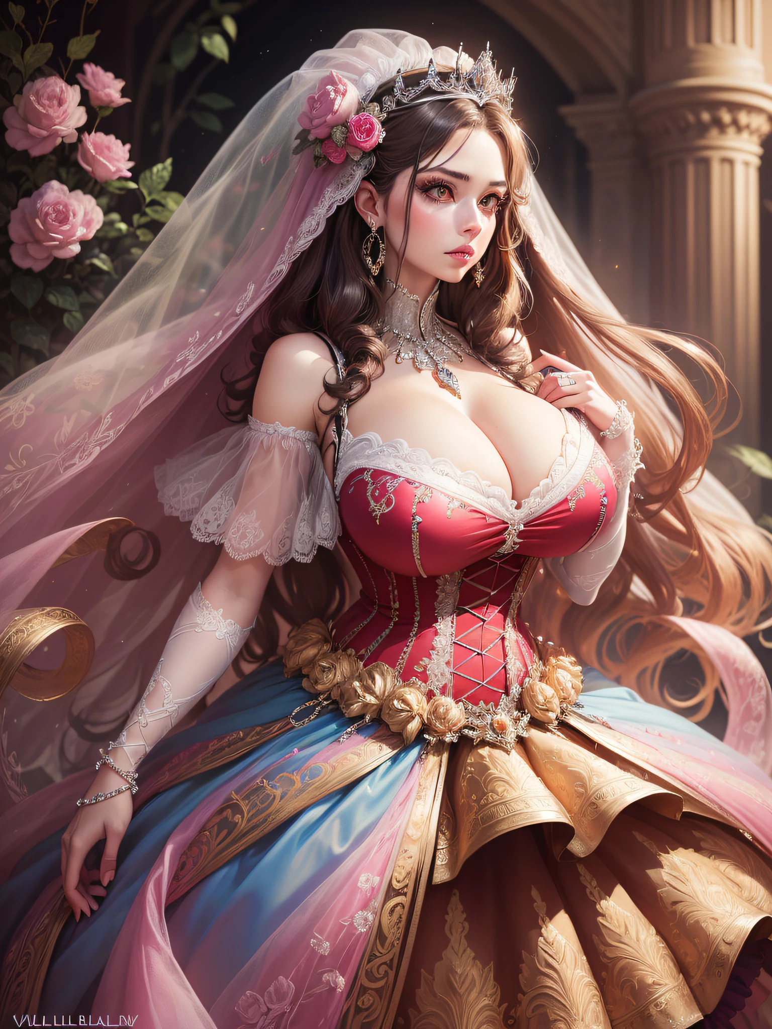 ((anime artstyle)),(Masterpiece),(Best Quality), (Super Detail),((Very Delicate and Beautiful)),cinematic lighting,1 girl,((full body portrait)),((standing in garden)),((solo)),(((1 bling-bling princess in gorgeous embroidery and bling-bling jeweled extremely gorgeous princess rococo ballgown with voluminous full length hoop skirt))),an hourglass waist,padded and corseted bodice,(((huge crinoline hoopskirt))),long train,((gorgeous embroidery and jeweled)),voluminous frills,See-through,(gorgeous embroidery and beautiful lace),(((extremely gigantic tits,skindentation))),cleavage,((large amount of straight hair,extremely voluminous Straight long Hair,Very Long Straight Hair)),(finely detailed face and eyes),clear pupil,extremely gorgeousfull hair ornament,(bling-bling jeweled extremely gorgeousfull tiara),(bling-bling gorgeous gemstone jewelry),long veil,(beautiful background),(full body),((gorgeous embroidery and bling-bling jeweled extremely gorgeous princess rococo ballgown with voluminous full length hoop skirt))