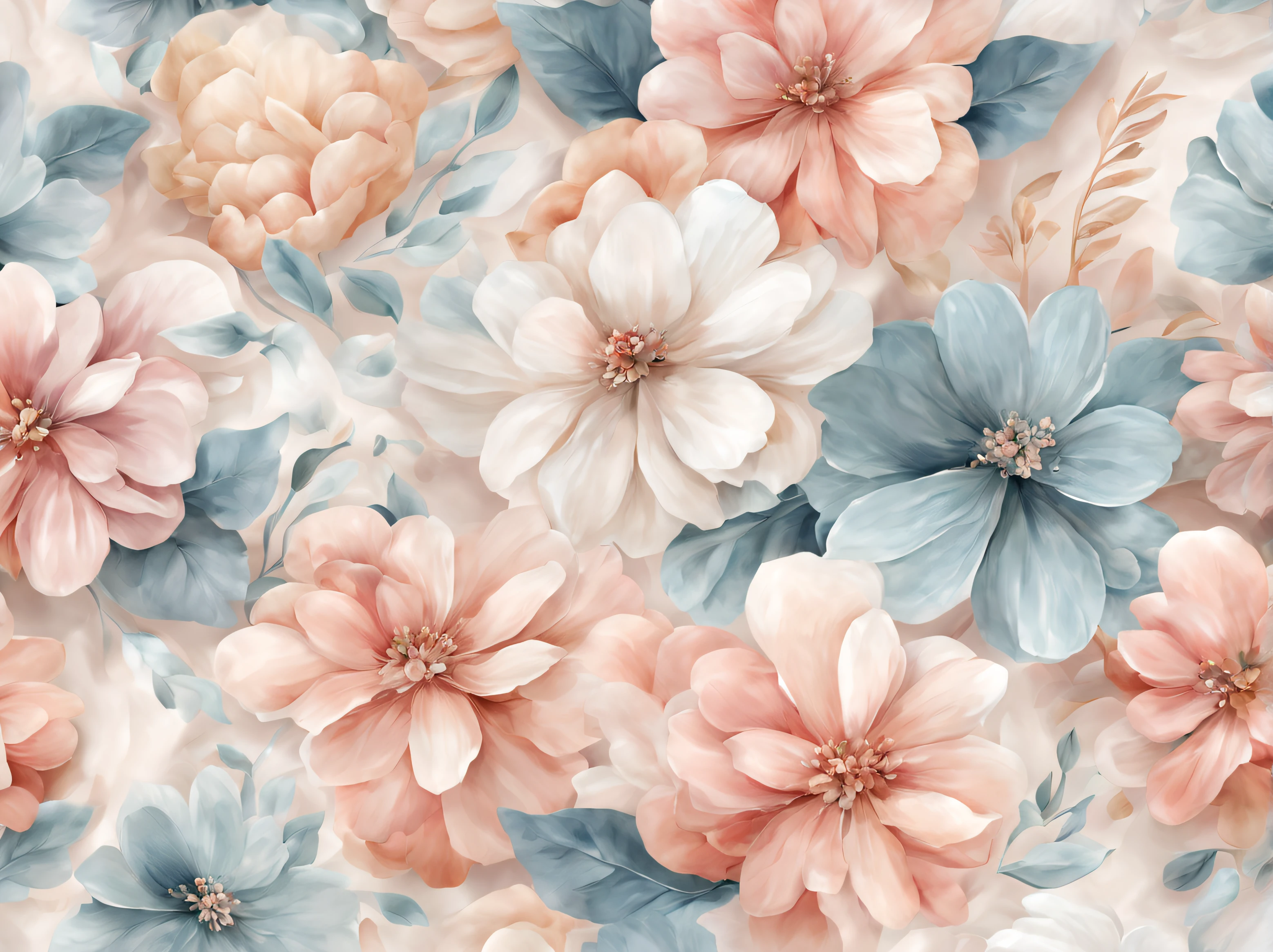 Design a soft and dreamy pattern with 3D flowers rendered in watercolor style. This pattern will have a romantic and artistic appeal.