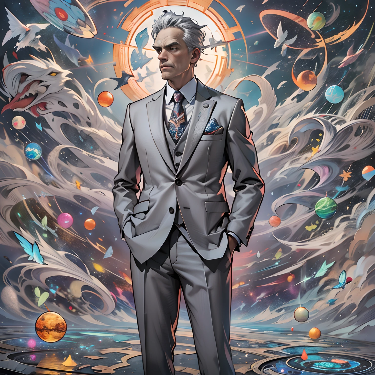 Jordan peterson wear suit,Stand on the edge of the dream space, eyes glowing, grey suit, Surreal scenes filled with symbols and patterns of various wisdom , ,in the style of the stars art group xing xing, 32K, Best quality, Masterpiece, Super detail, High details,